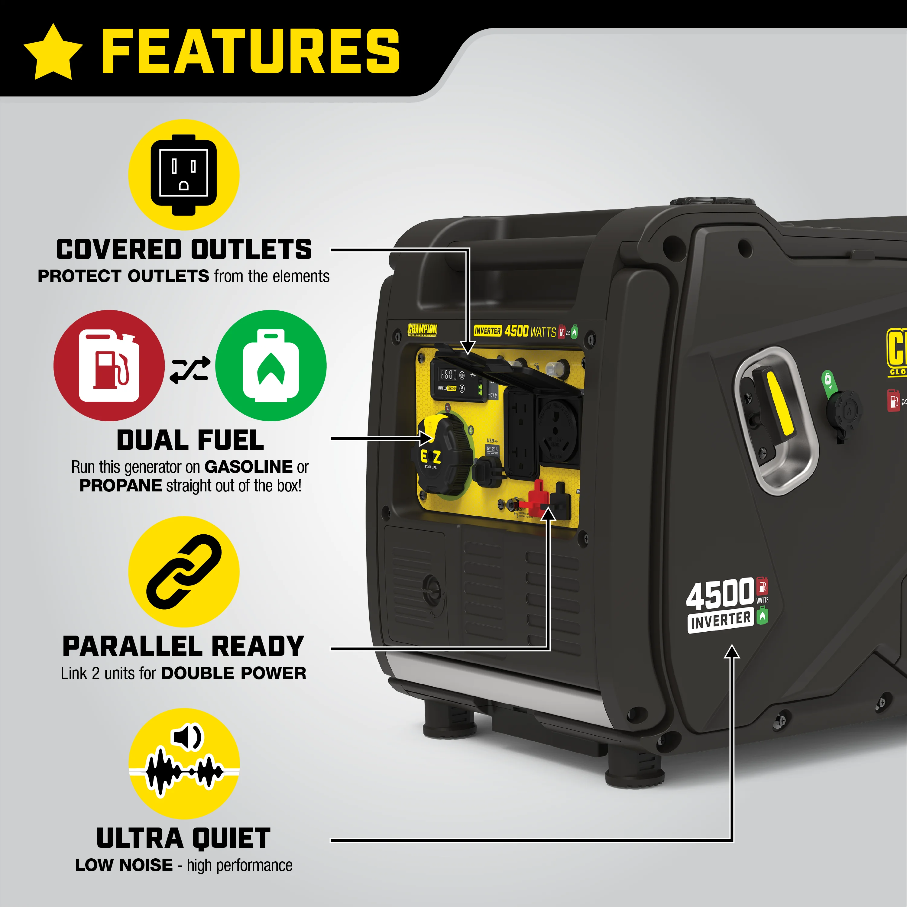 Champion 4500-Watt Portable Dual Fuel Inverter Generator with Quiet Technology, Electric Start