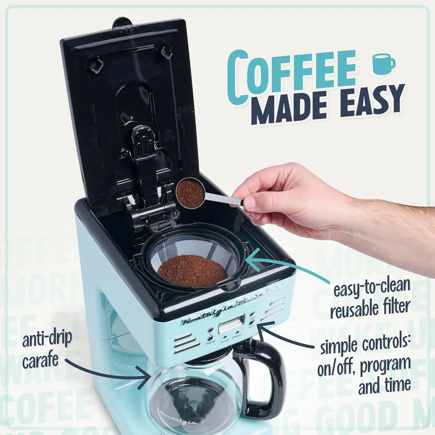 Nostalgia Retro Coffee Maker 12-Cup Programmable Vintage Coffee Machine, Aqua