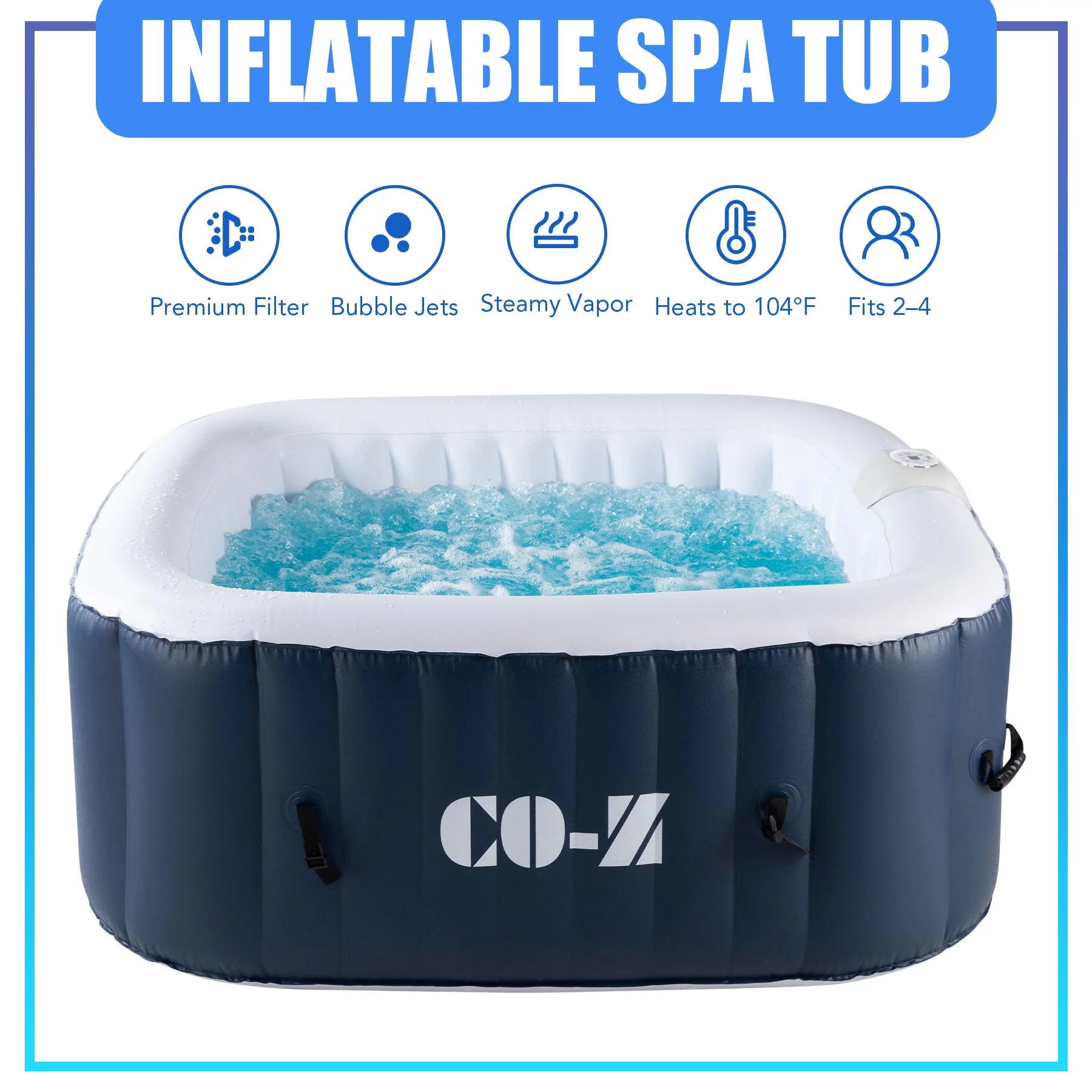 CO-Z 5x5ft PVC Inflatable Spa Tub with Heater & 120 Massaging Jets for Patio & More Blue for 4-Person, CO-Z