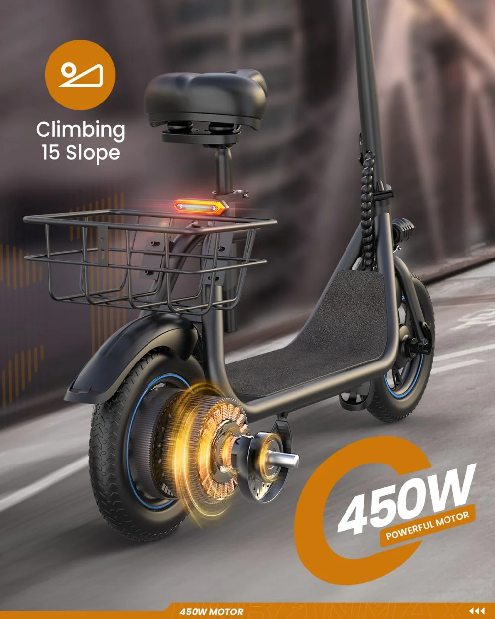 GYROOR C1 450W Electric Scooter with Seat for Adults, Max Speed 15.5Mph Up to 21 Miles Range, 12″ Tire for Commuting Scooter with Basket