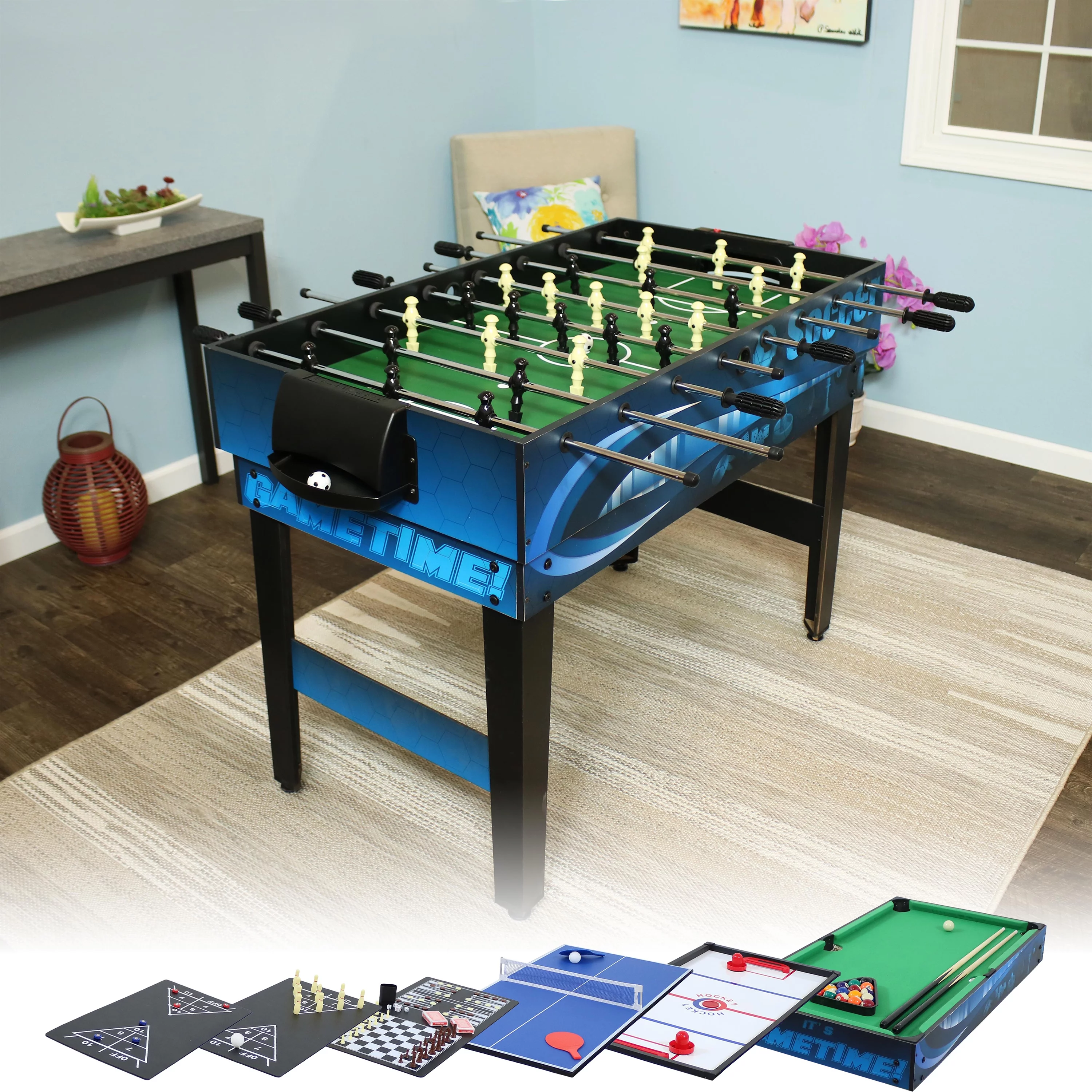 Sunnydaze Multi-Game Table with Billiards, Hockey, Foosball, Ping Pong, Shuffleboard, Chess, Cards, Checkers, Bowling, and Backgammon – Game Time Blue