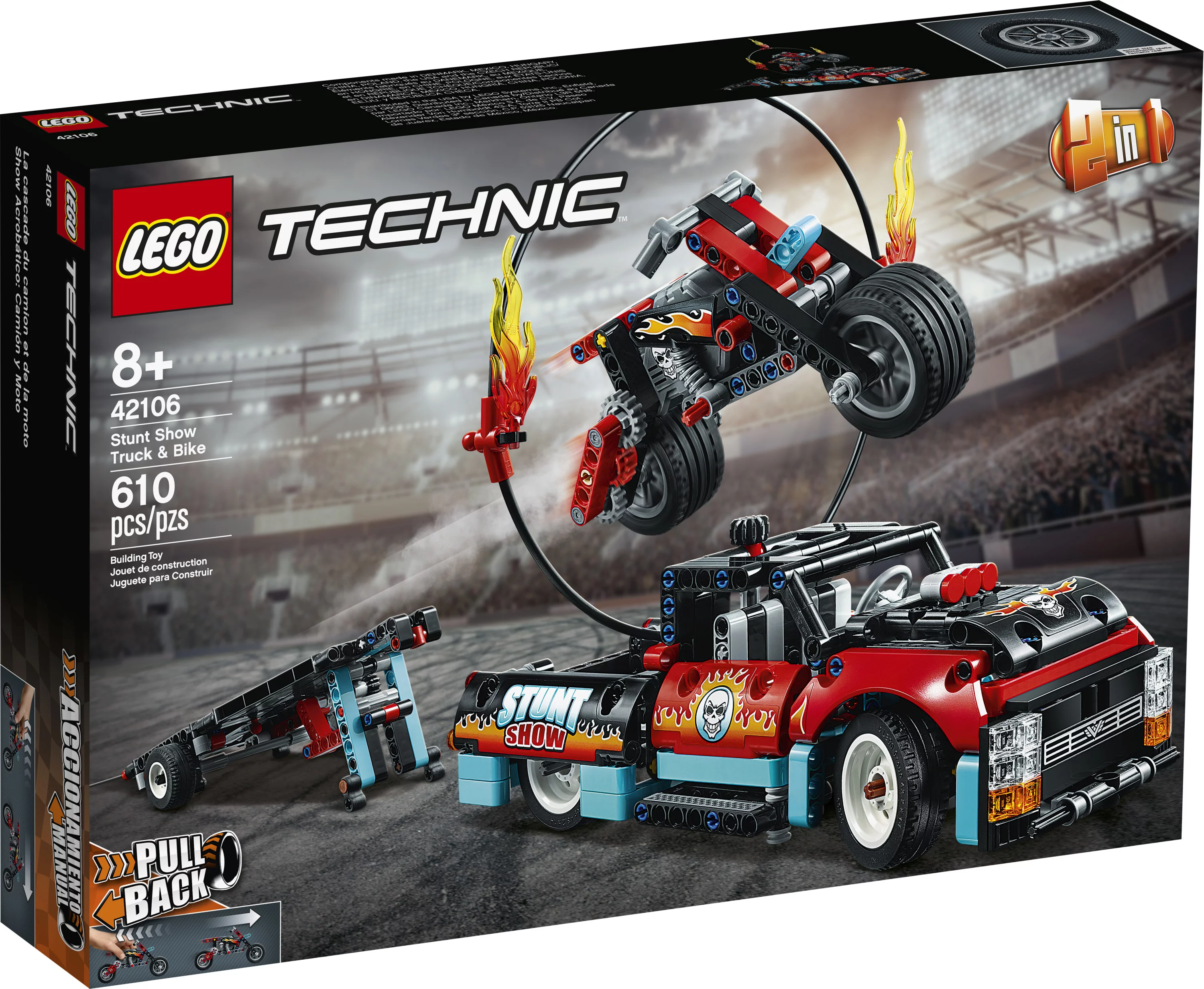 LEGO Technic Stunt Show Truck & Bike 42106 Building Kit with Motorcycle, Toy Truck and Trailer (610 pieces)