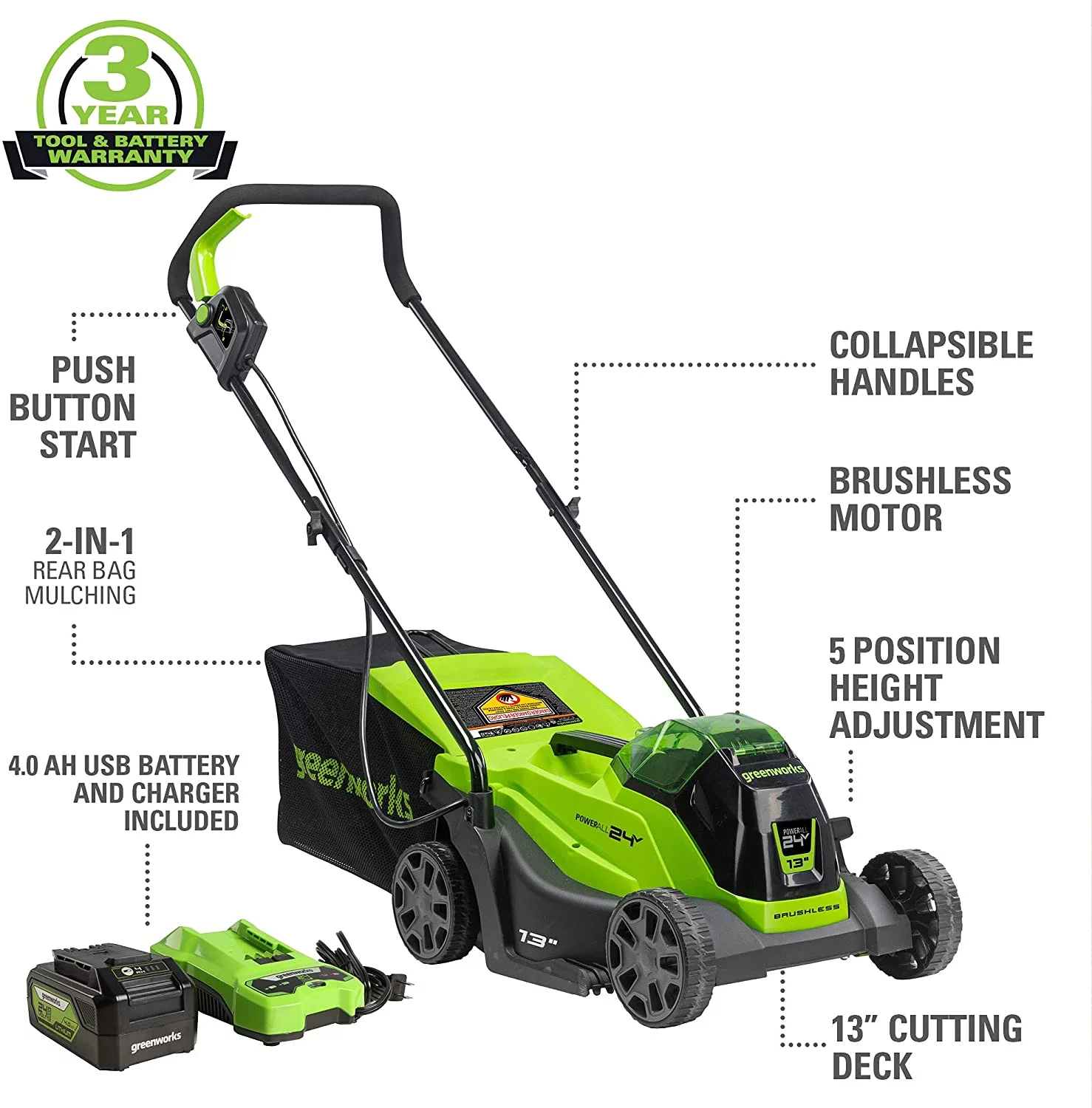 Greenworks 24V 13″ Brushless Lawn Mower, 4Ah USB Battery and Charger Included, 2534402