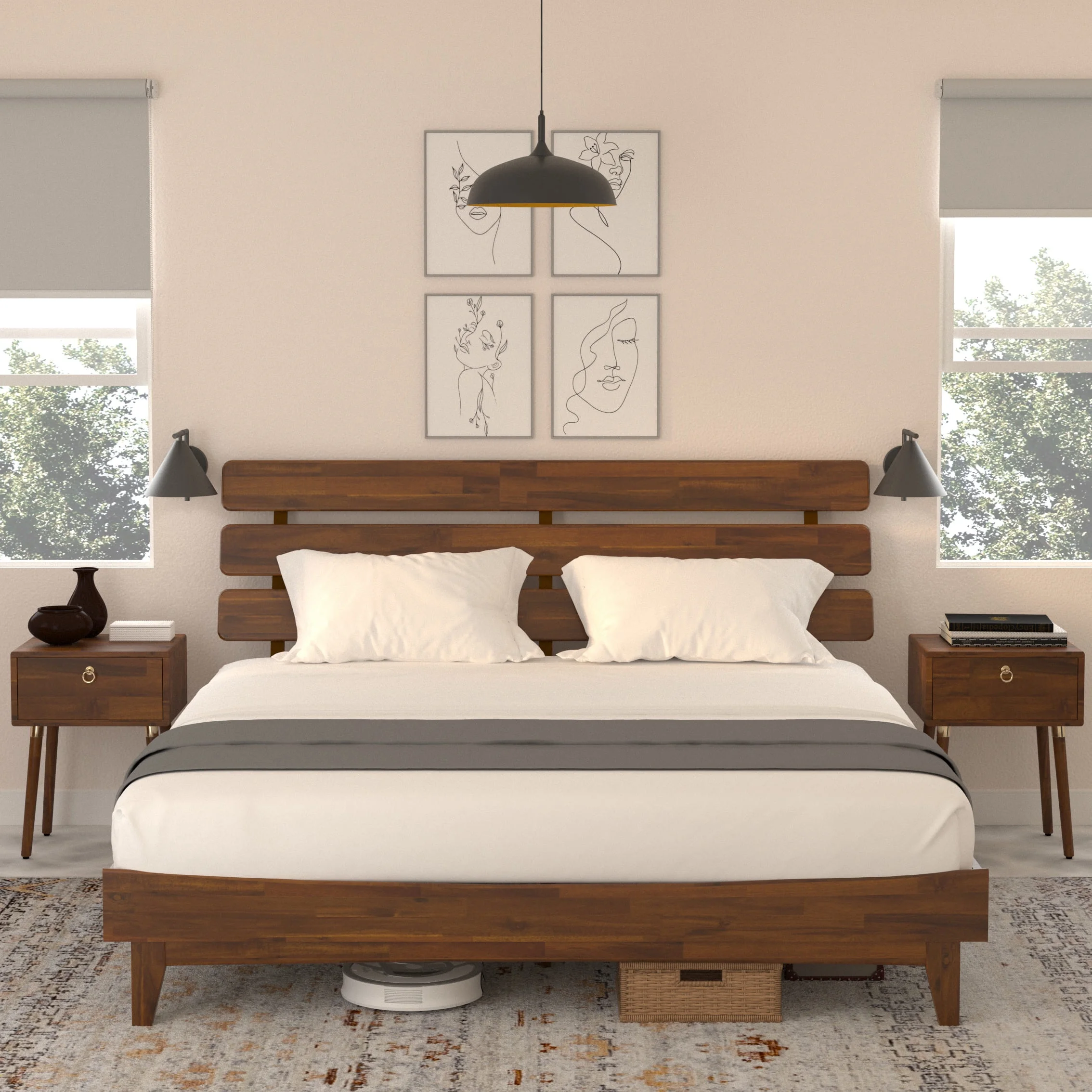 BME Dalen 45″ King Bed Frame, Adjustable Headboard, Mid-Century, Solid Wood, Caramel