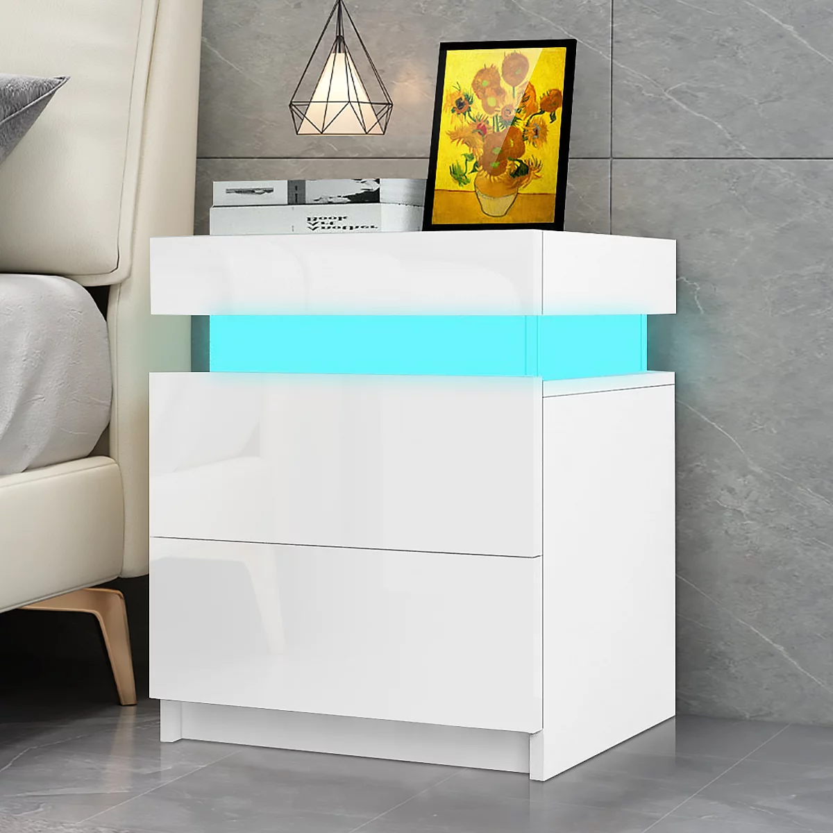 Hommpa 2 Drawer Modern Nightstand with RGB LED Light High Gloss Bedside Tables for Bedroom White