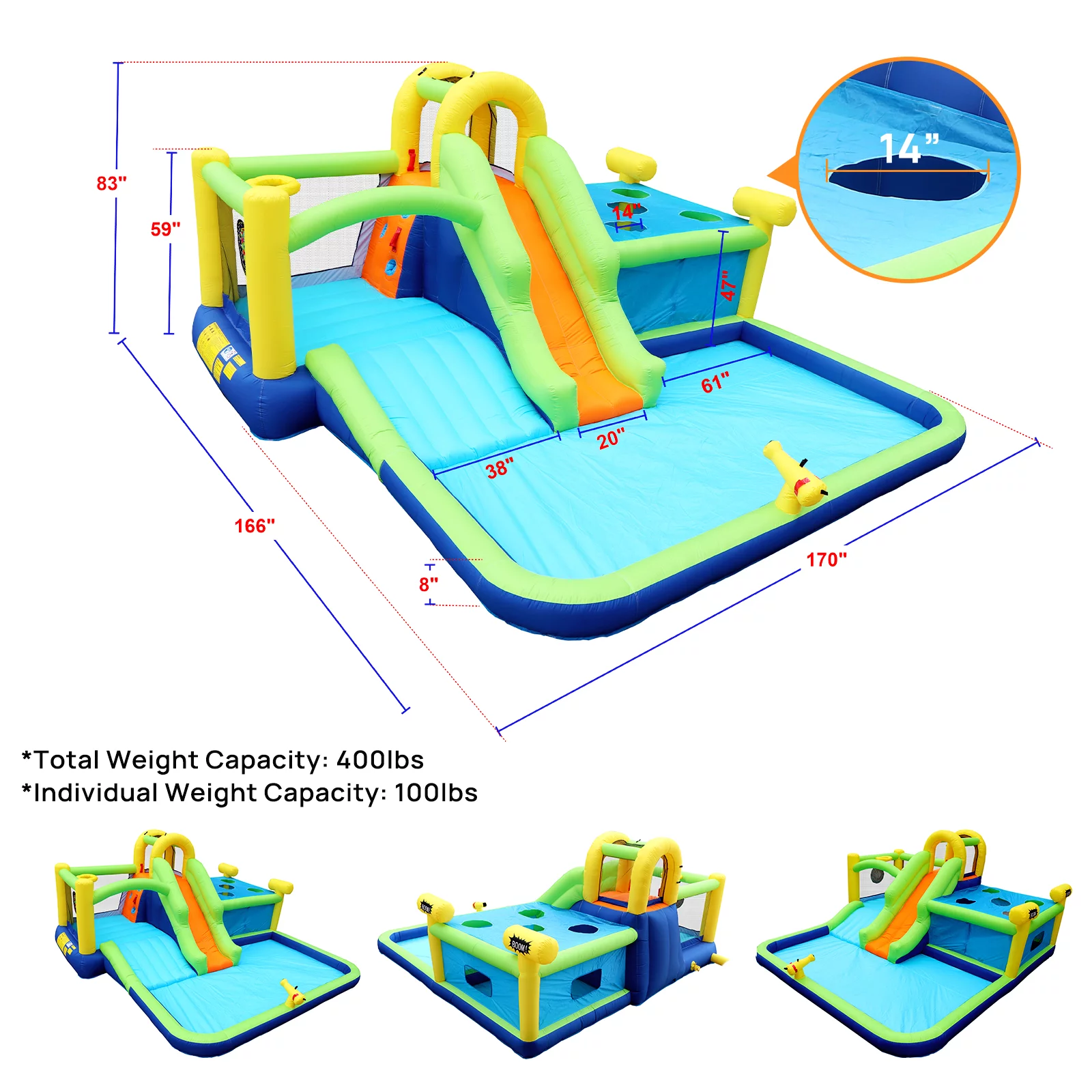 Track 7 Inflatable Water Park,7 in 1  Inflatable Bounce House Slide Long Slide Water Park with Whack a Mole Games & Splash Pool & Target Games & Water Gun & Climbing Wall & Basketball & Air Blower