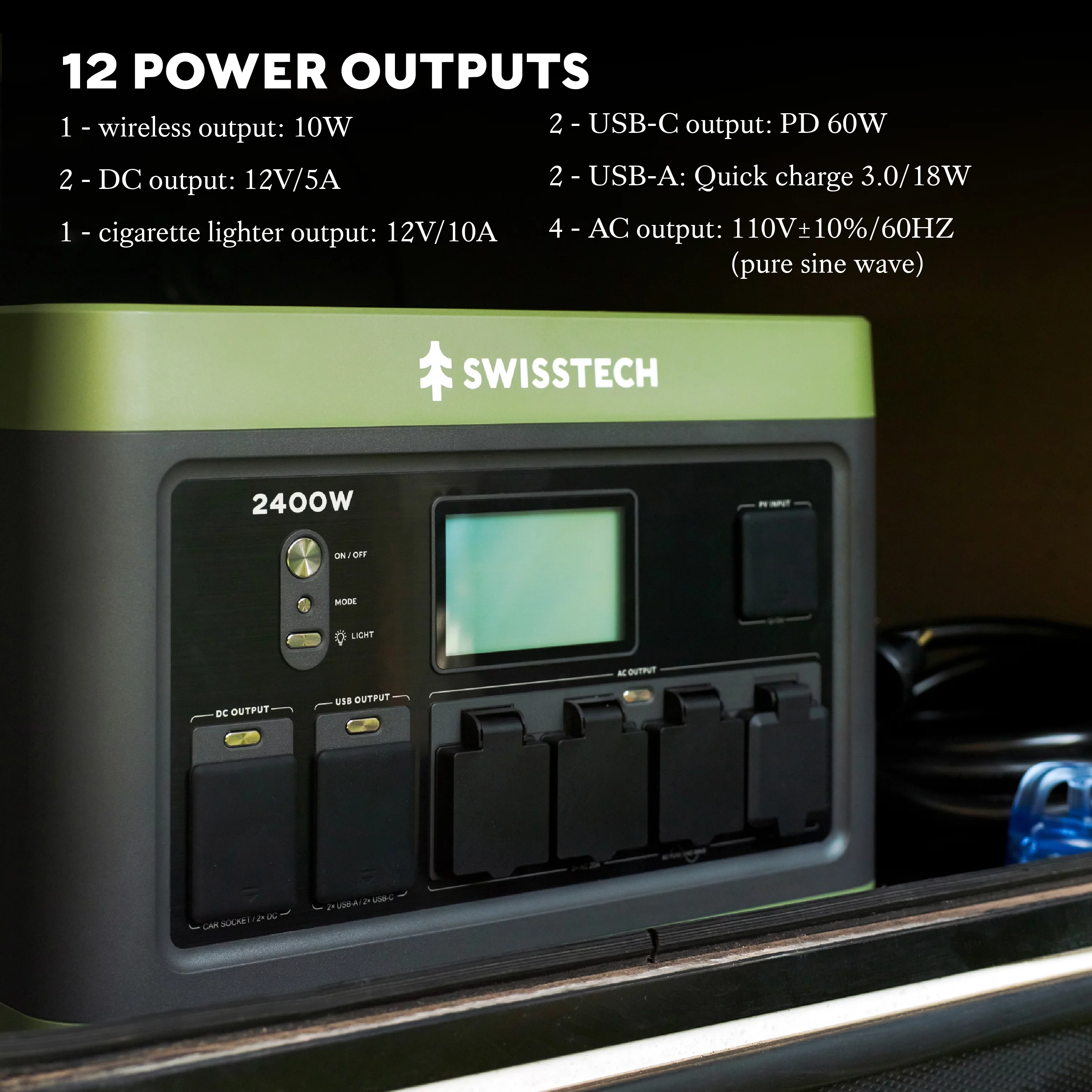 Swiss Tech 2400W Portable Power Station, 2060Wh, Solar Powered Battery for Camping and Travel Emergency