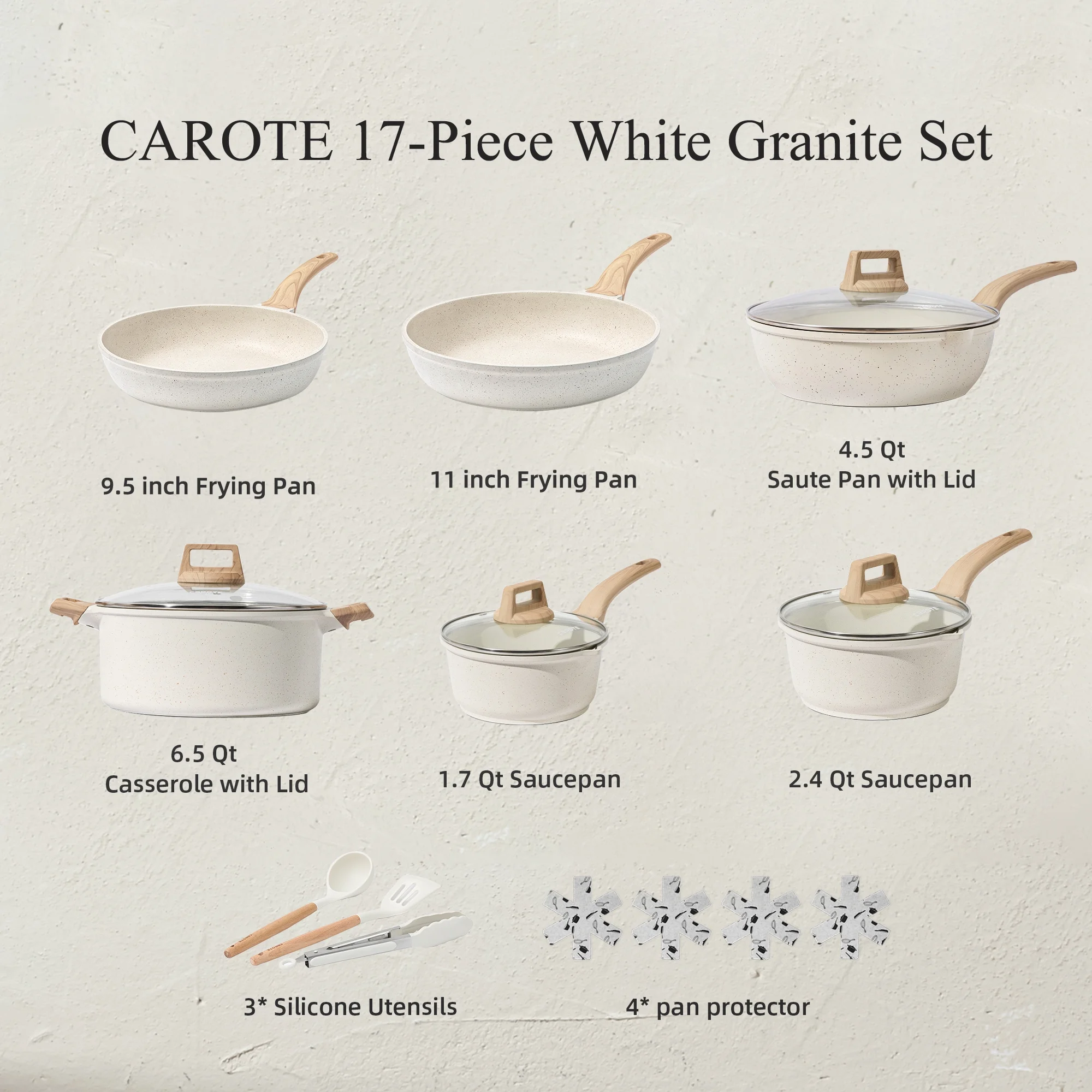 Carote Nonstick Pots and Pans Set, 10 Pcs Granite Kitchen Cookware Sets (White)