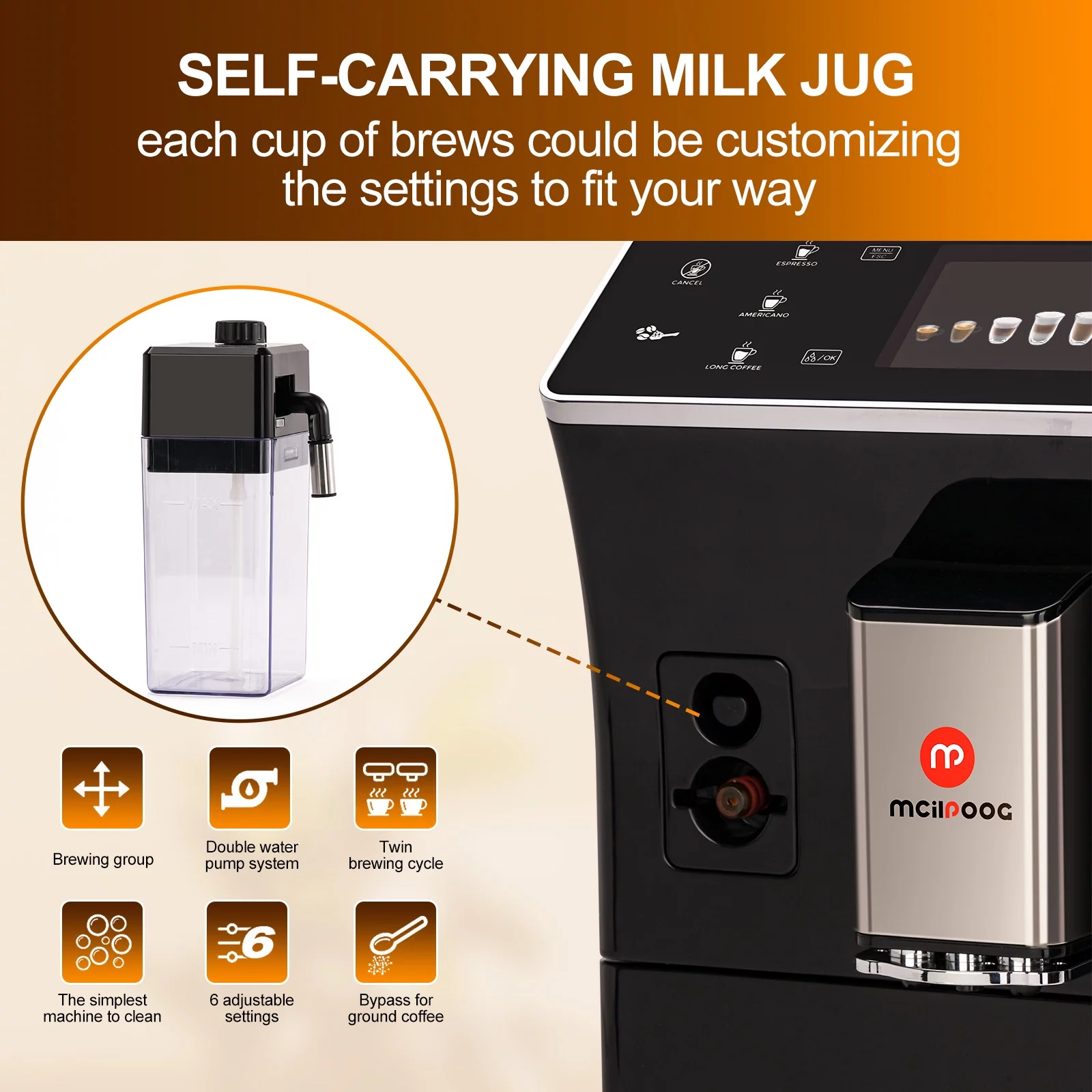 Mcilpoog Super Automatic Espresso Coffee Machine,Fully Automatic Espresso Machine With Grinder, Easy To Use Touch Screen Coffee Maker with Milk Frother.8 Coffee Recipes.WS-202