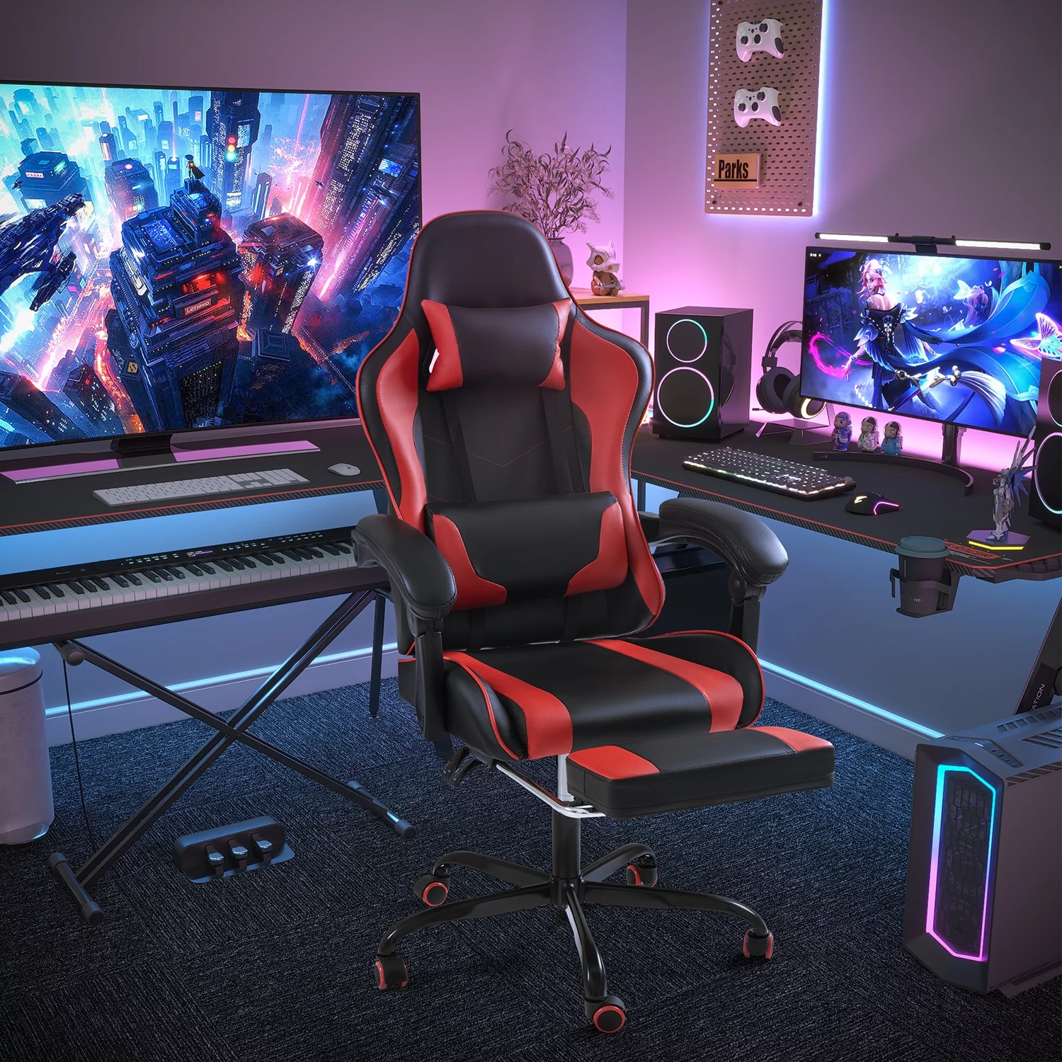 Lacoo PU Leather Gaming Chair Massage Ergonomic Gamer Chair Height Adjustable Computer Chair with Footrest & Lumbar Support,White