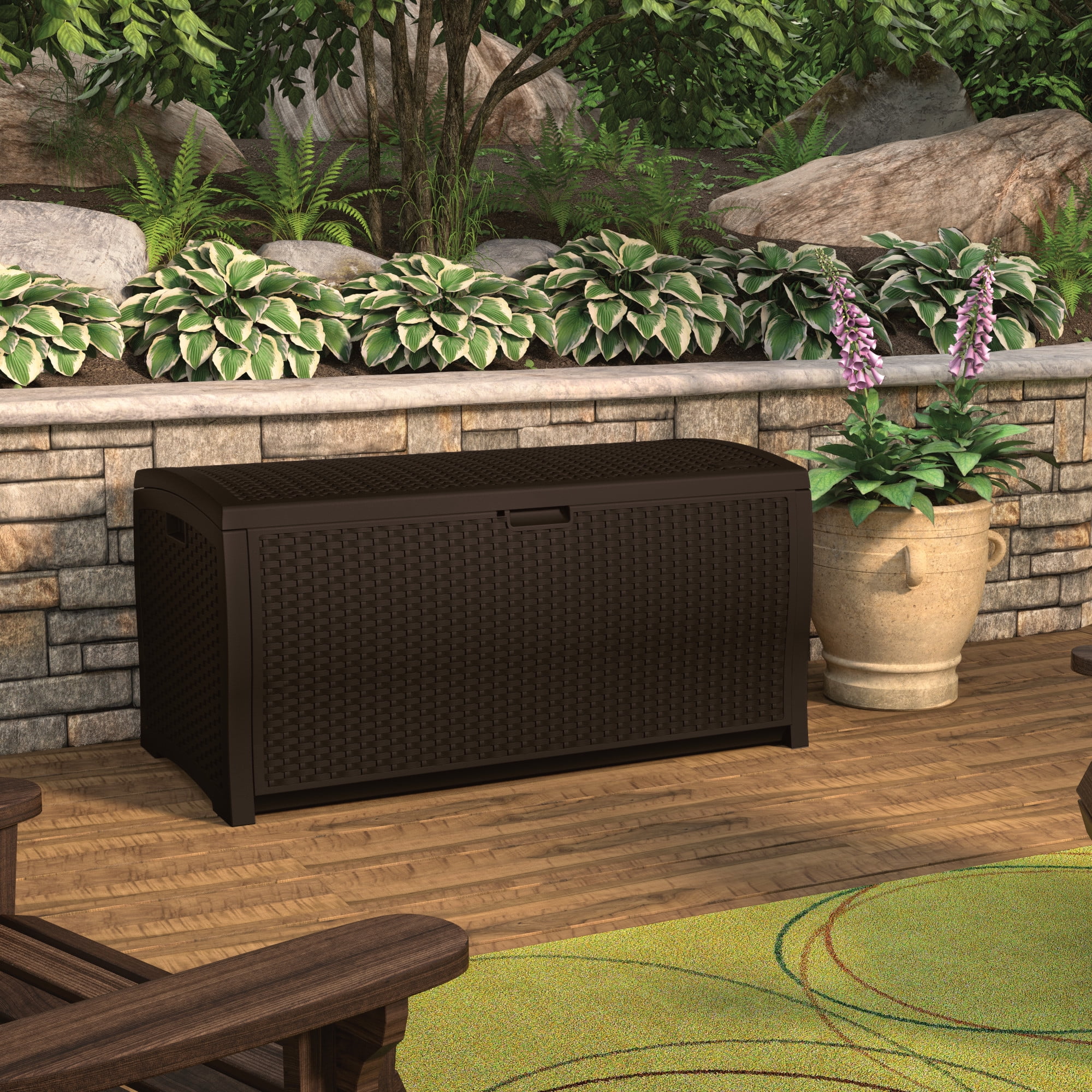 Suncast Resin 99-Gallon Deck Box – Mocha Brown – DBW9200- 52 in D x 27.5 in H x 27.6 in W