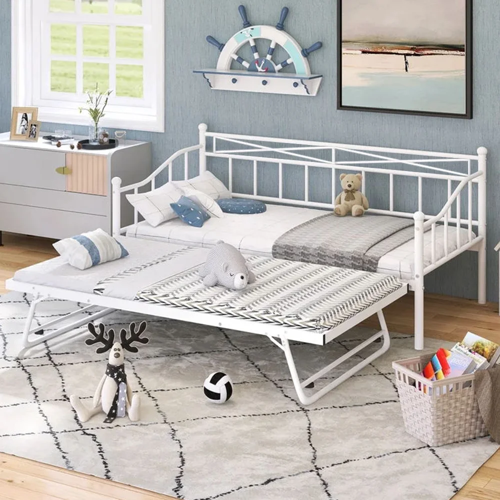 PAPROOS Twin Size Daybed, Metal Sofa Bed with Adjustable Trundle, White