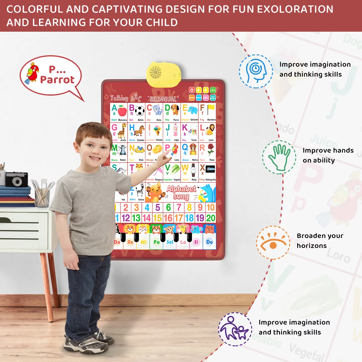 Electronic Alphabet Wall Chart, Toddler Learning Toys , Educational Toys ABC Preschool Poster, Alphabet Learning Toys, Toys for Ages 2-6, English & Spanish, Red