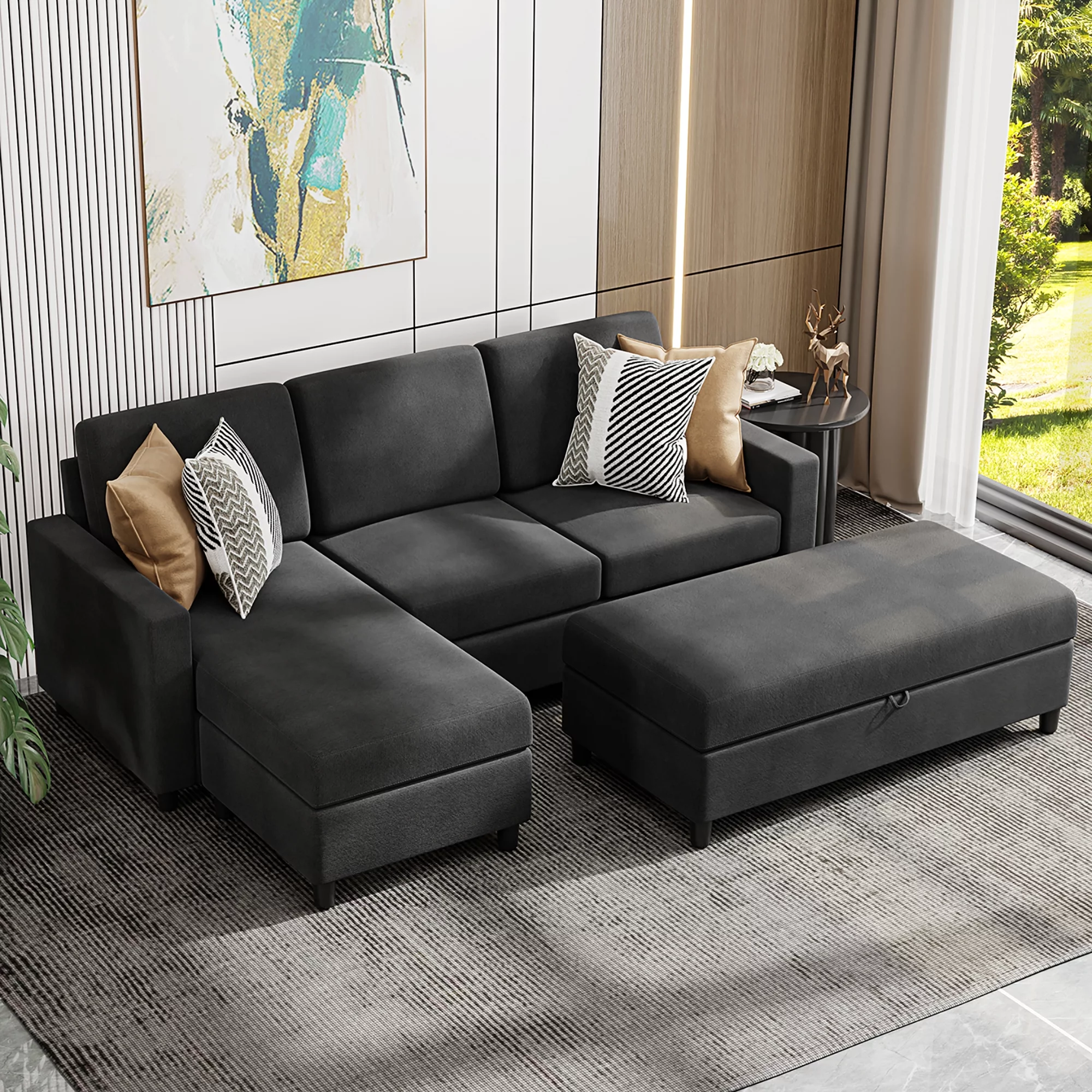 Walsunny Convertible Sectional L-Shaped Sofa with Modern Linen Fabric(Grayish Black)