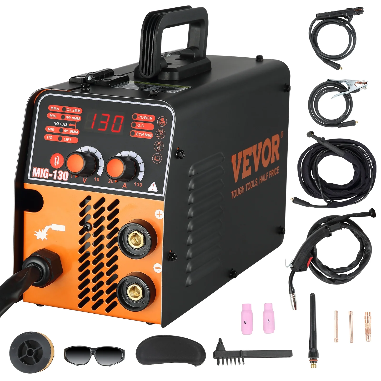 VEVORbrand MIG Welder, 130A Welding Machine, 3 in 1 Combo MMA/ MIG/ LIFT TIG Welder Machine, Flux Core Welder, MIG-130 Portable Welding Machine, mig welding equipment with 1 KG Welding Wire