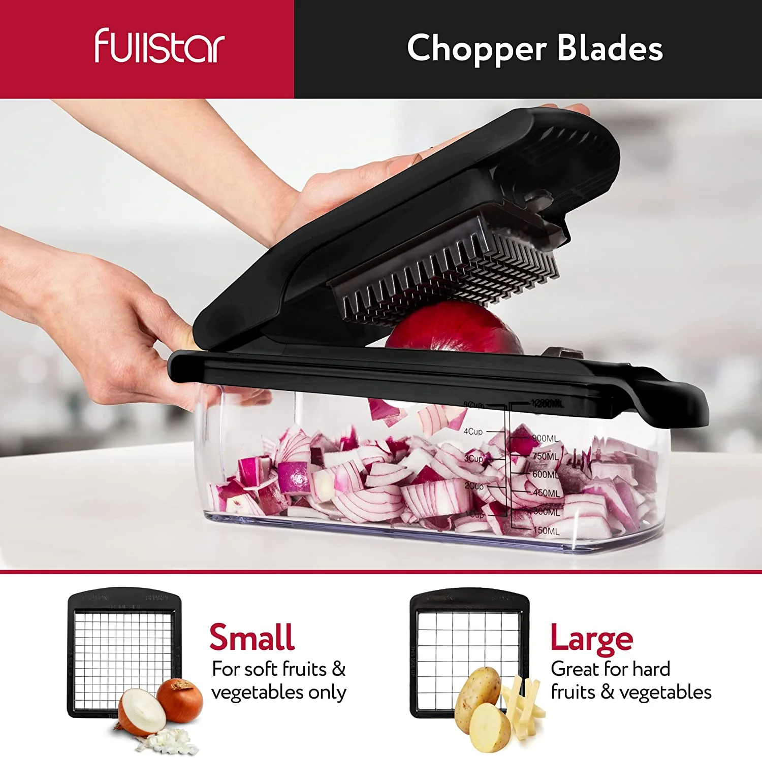 Fullstar Vegetable Chopper, Veggie chopper, Spiralizer Vegetable Slicer Onion Chopper with Container Pro Food Chopper Black Slicer Dicer Cutter 4 Blades