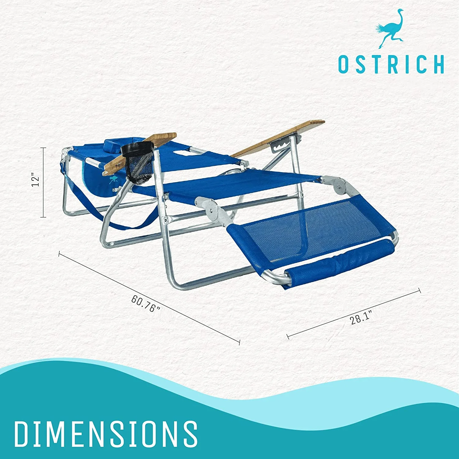 Ostrich 3N1 Lightweight Outdoor Beach Lounge Chair with Footrest, Blue