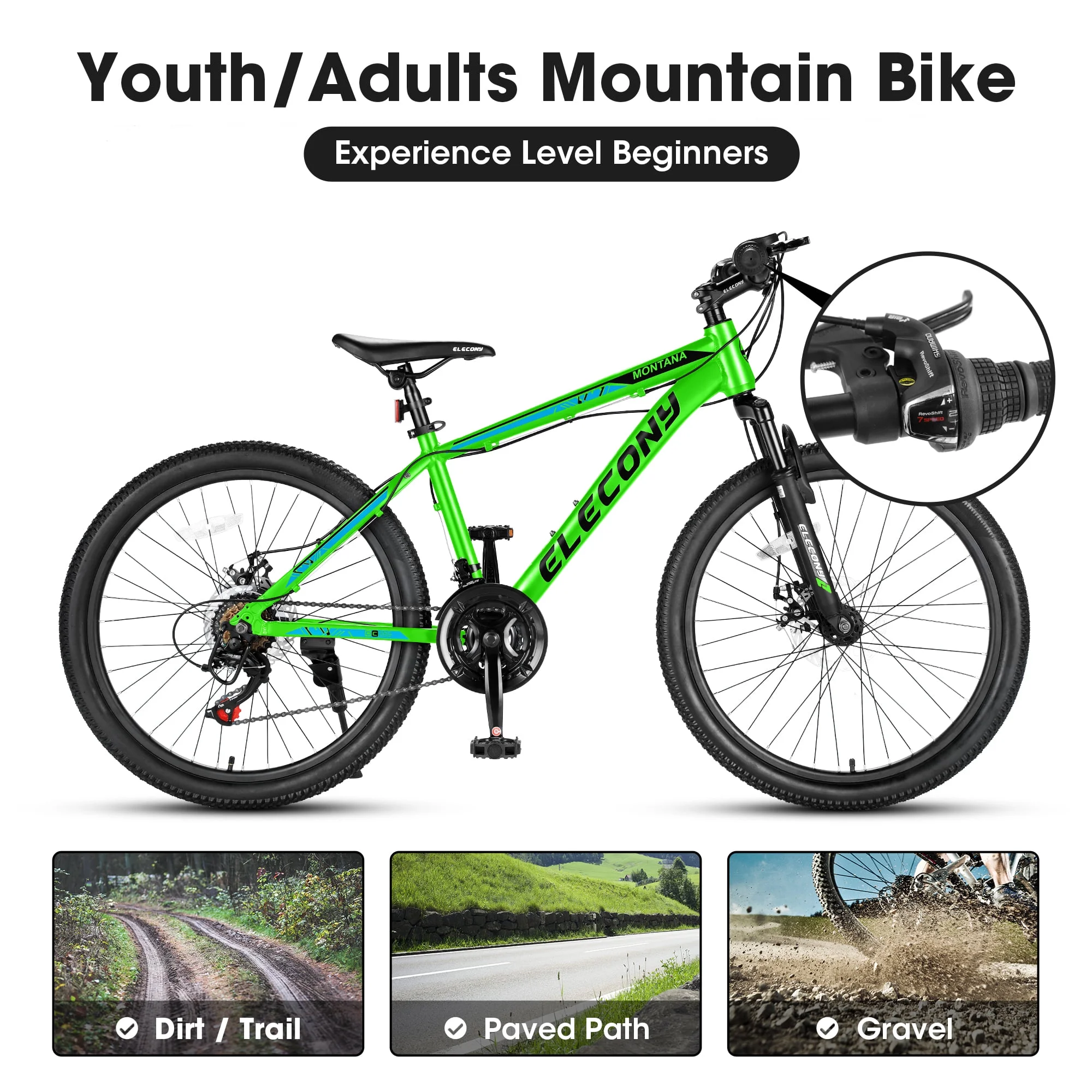 24″ Mountain Bike, Aluminum Mountain Bike for Adult with Disc Brakes, Shimano 21 Speeds Bike for 14-18 Yeas Old ,Green