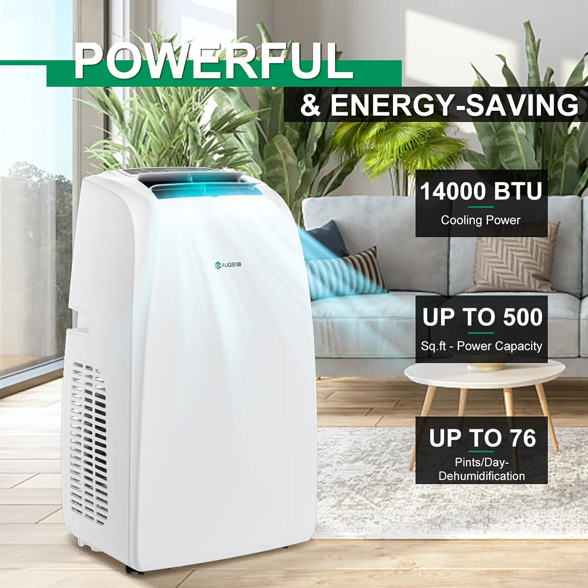 AUGIENB 14000 BTU Portable Air Conditioner,Evaporative Air Cooler ,Dehumidifier Cooling Fan 24-Hour Timer,Cooling Up to 500 Sq, W/ Remote Control &Window Kit