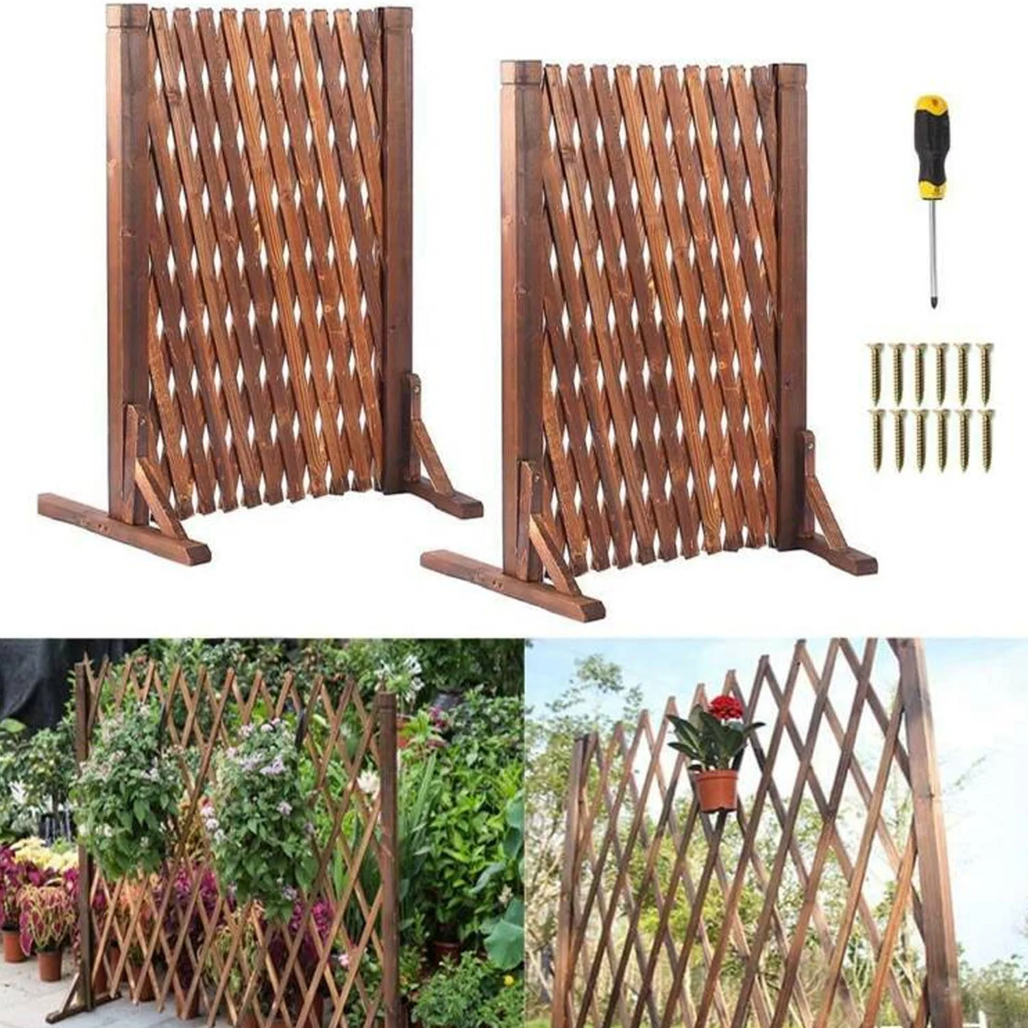 Uyoyous 2 Pack 27.5″ x 63″ Extendable Instant Wood Fence, Pet Gate Retractable Fences Barrier Section Partition for Home Garden Indoor Outdoor Yard, Dog Gate