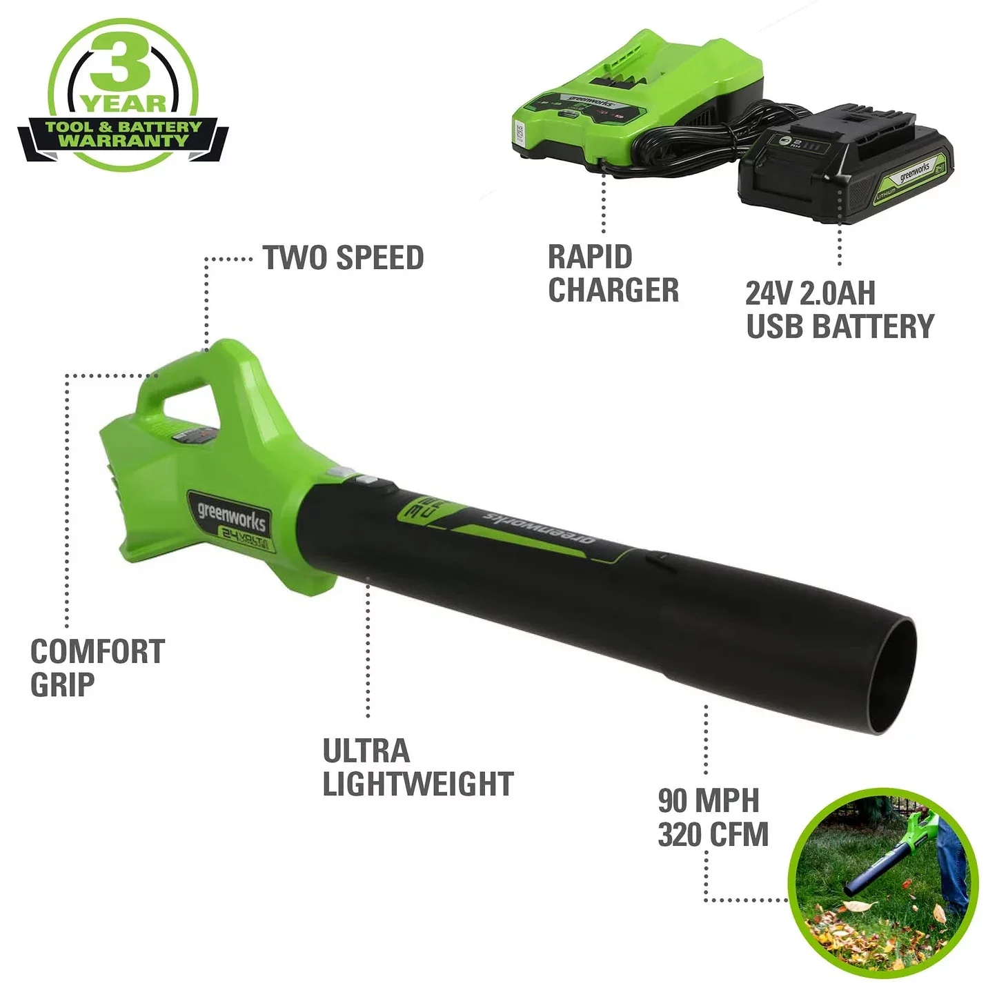 Greenworks 24V Cordless Axial Blower (90 Mph / 320 Cfm) with 2Ah USB Battery & Charger 2415702