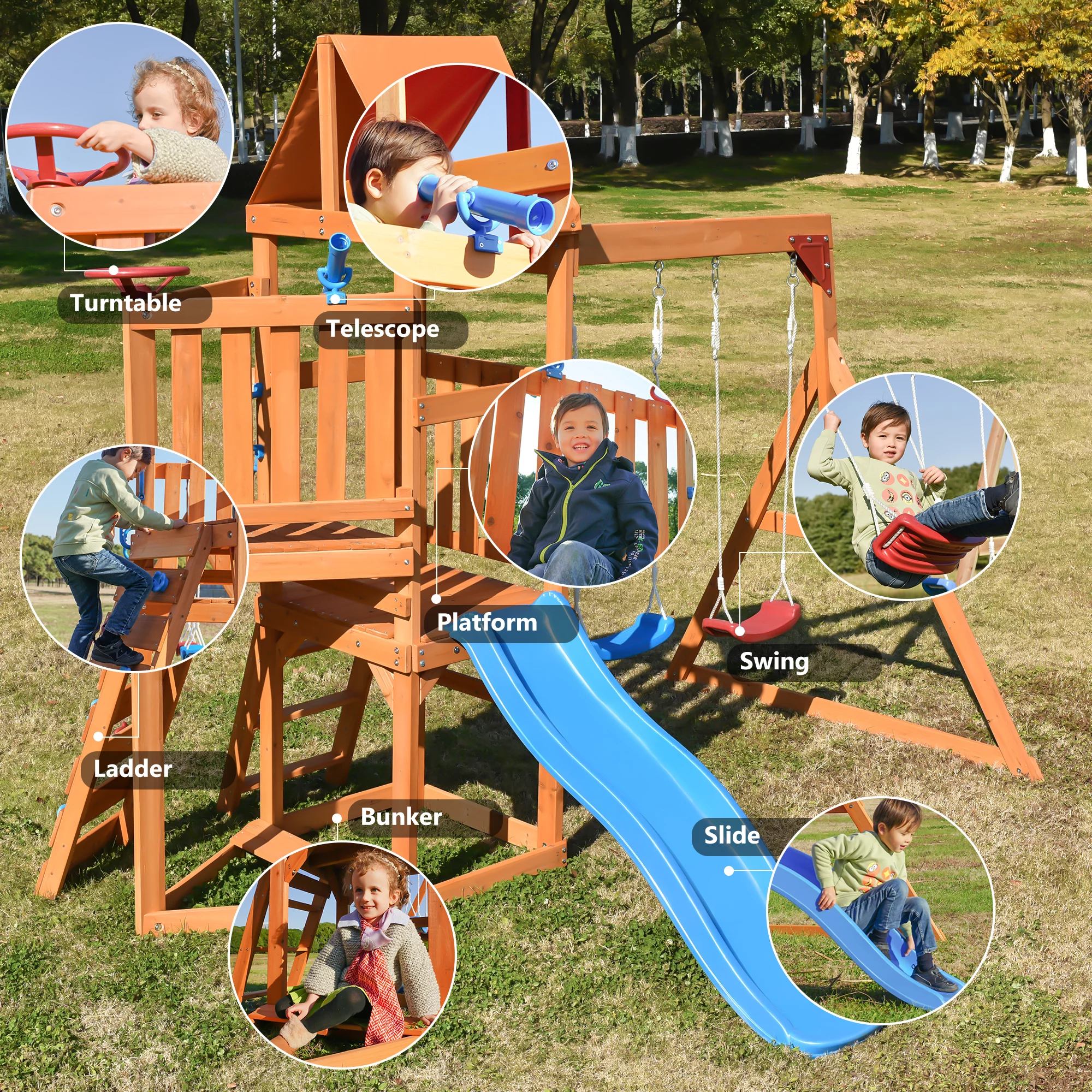 Wooden Swing Set with Slide, Climbing wall, Sandbox and Wood Roof, Outdoor Playhouse Backyard Activity Playground Playset for Toddlers