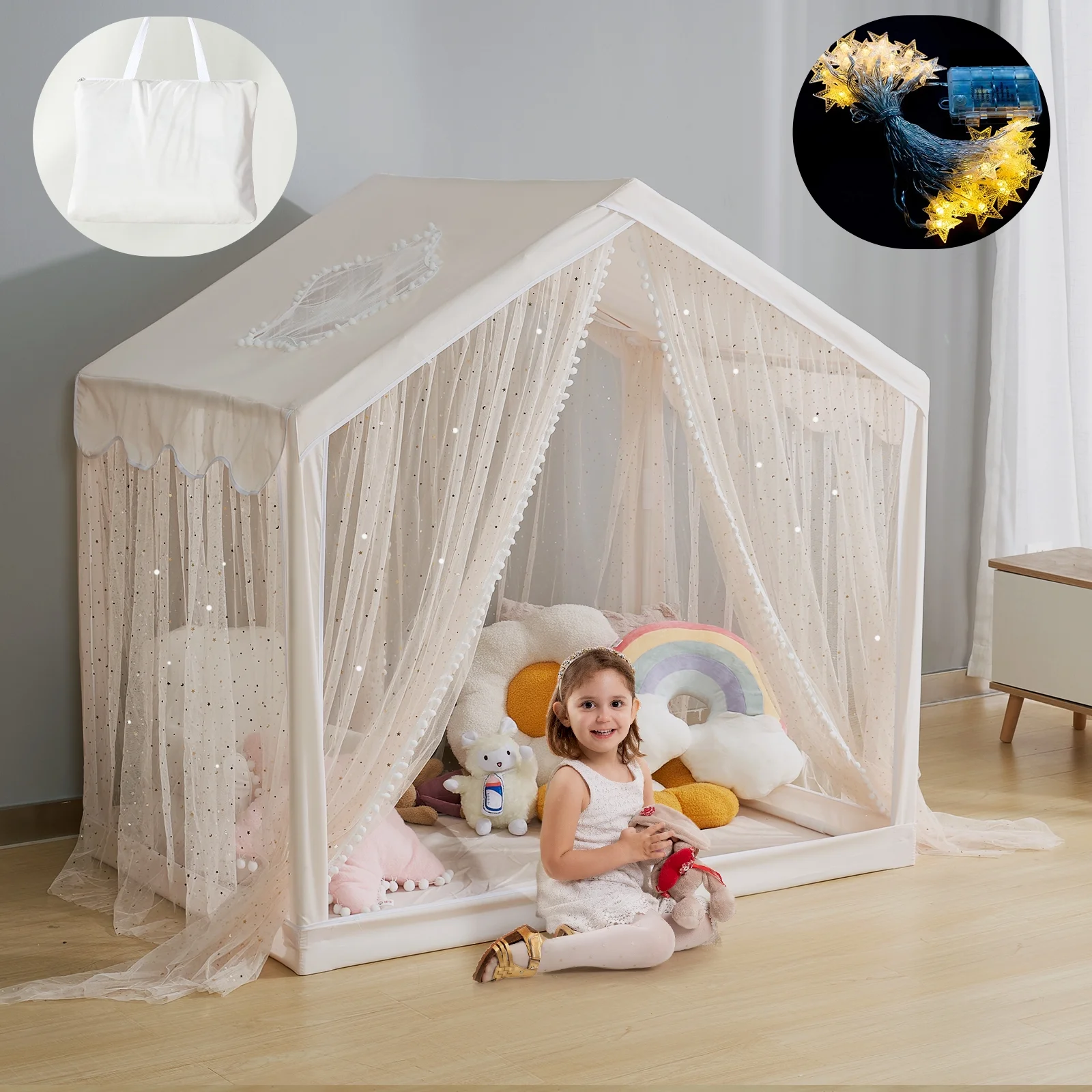 Play Tent for Kids, Breathable Playhouse for Toddler, Large Kids House Tent Indoor & Outdoor, Castle Tent for Girls Decorated Sequin Sparkle Stars, Boho Decor