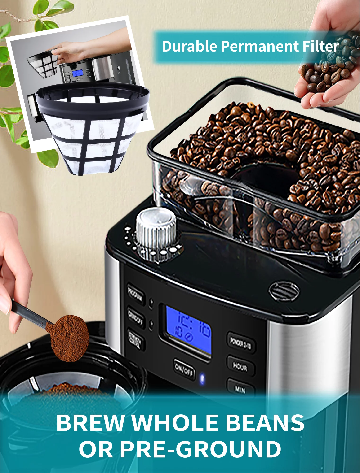 GEVI 10-Cup Programmable Grind and Brew Coffee Maker, Drip Coffee Make, Automatic Coffee Machine with Built-In Burr Coffee Grinder