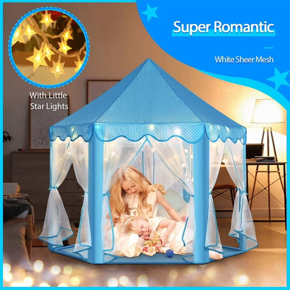 Princess Tent for Girls, Pink Castle Tent with String Light Indoors Outdoor Foldable Playhouse for Kid Age 3-12 Years