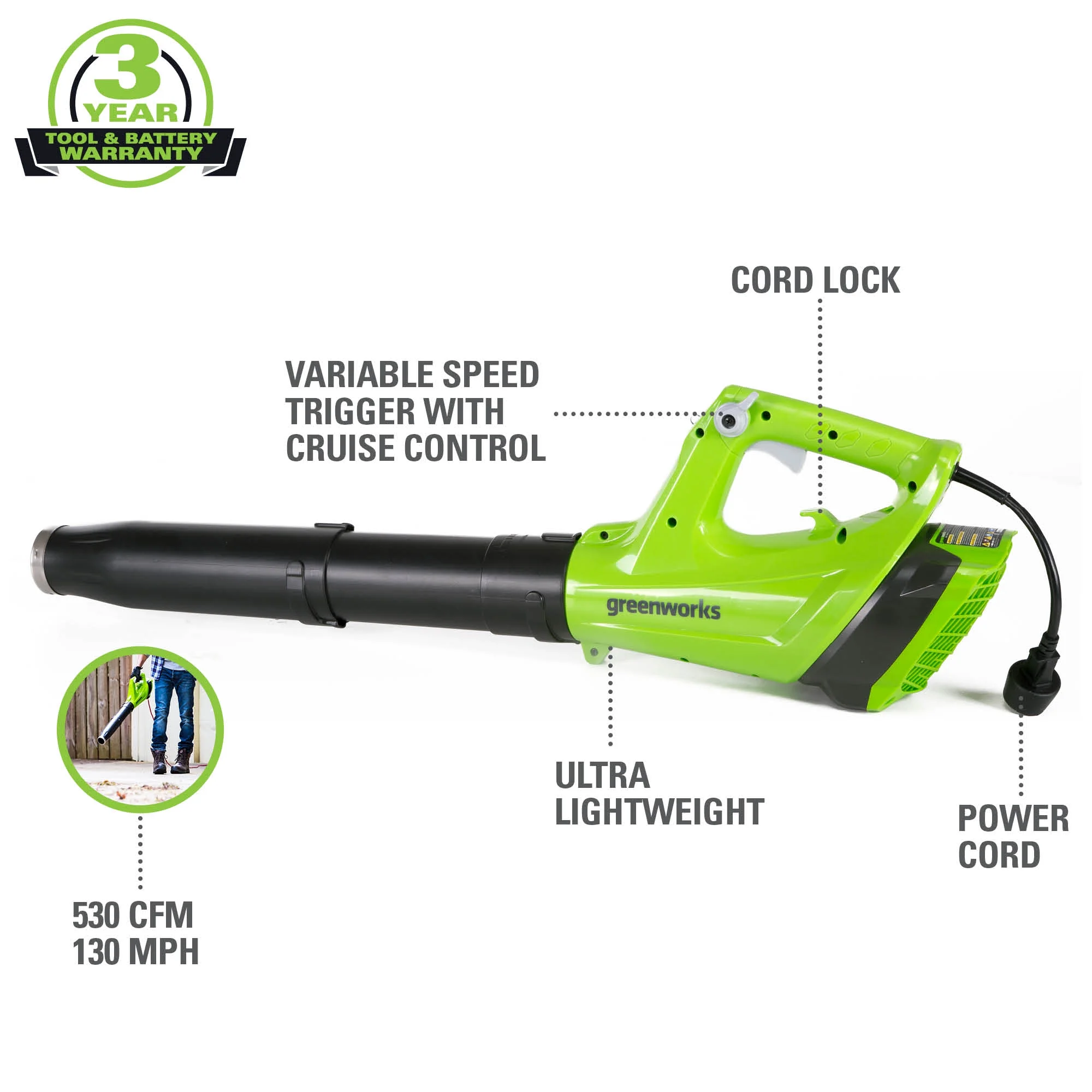 Greenworks 9 Amp 530 CFM Corded Electric Axial Leaf Blower 2400902