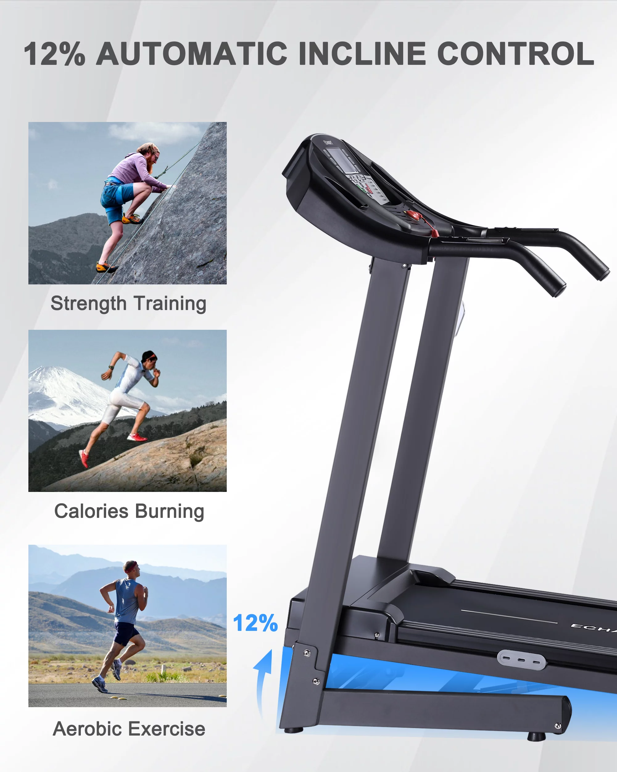 ECHANFIT Auto Treadmill with 12% and Bluetooth Speaker, 17.5″ Wide Running Belt, 2.5 HP Motor