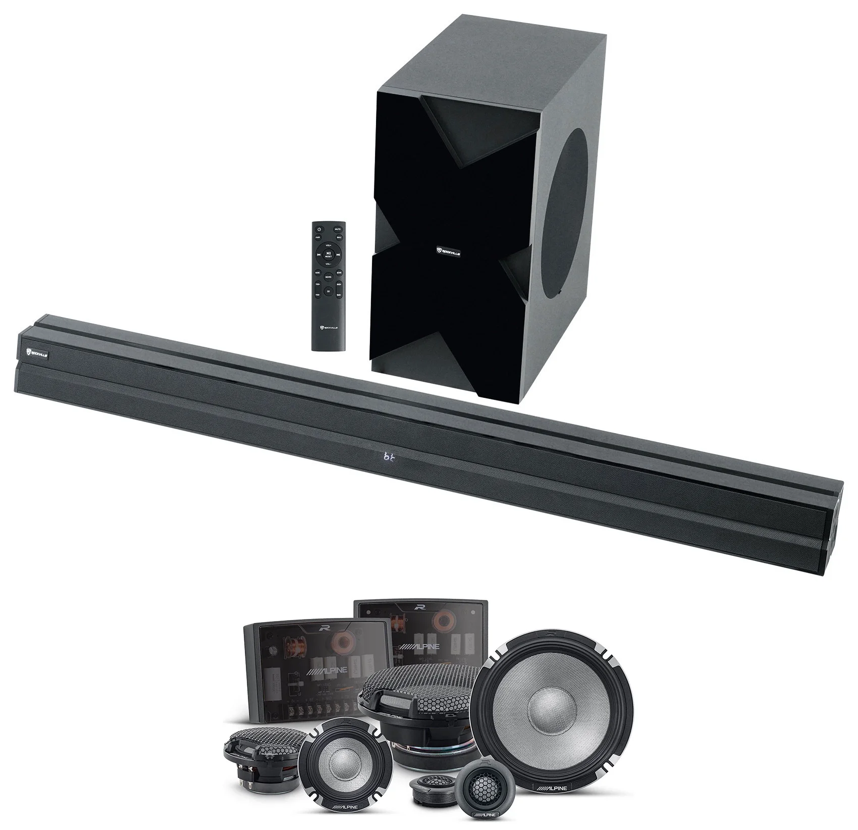 (2) Alpine R2-S653 6.5″ 3-Way High-Res Component Speakers+Home Theater Sound Bar