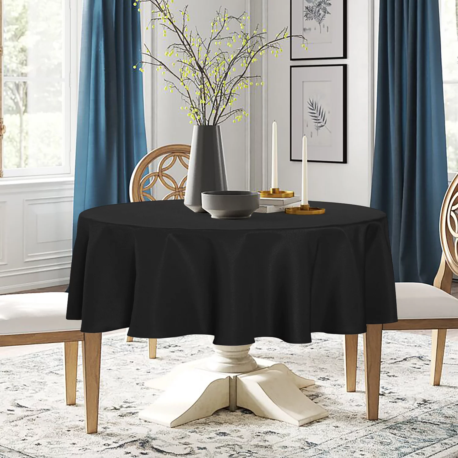 LUSHVIDA Round Tablecloth -60 inch Black- Stain and Water Resistant Table Cover for Kitchen Dining Room