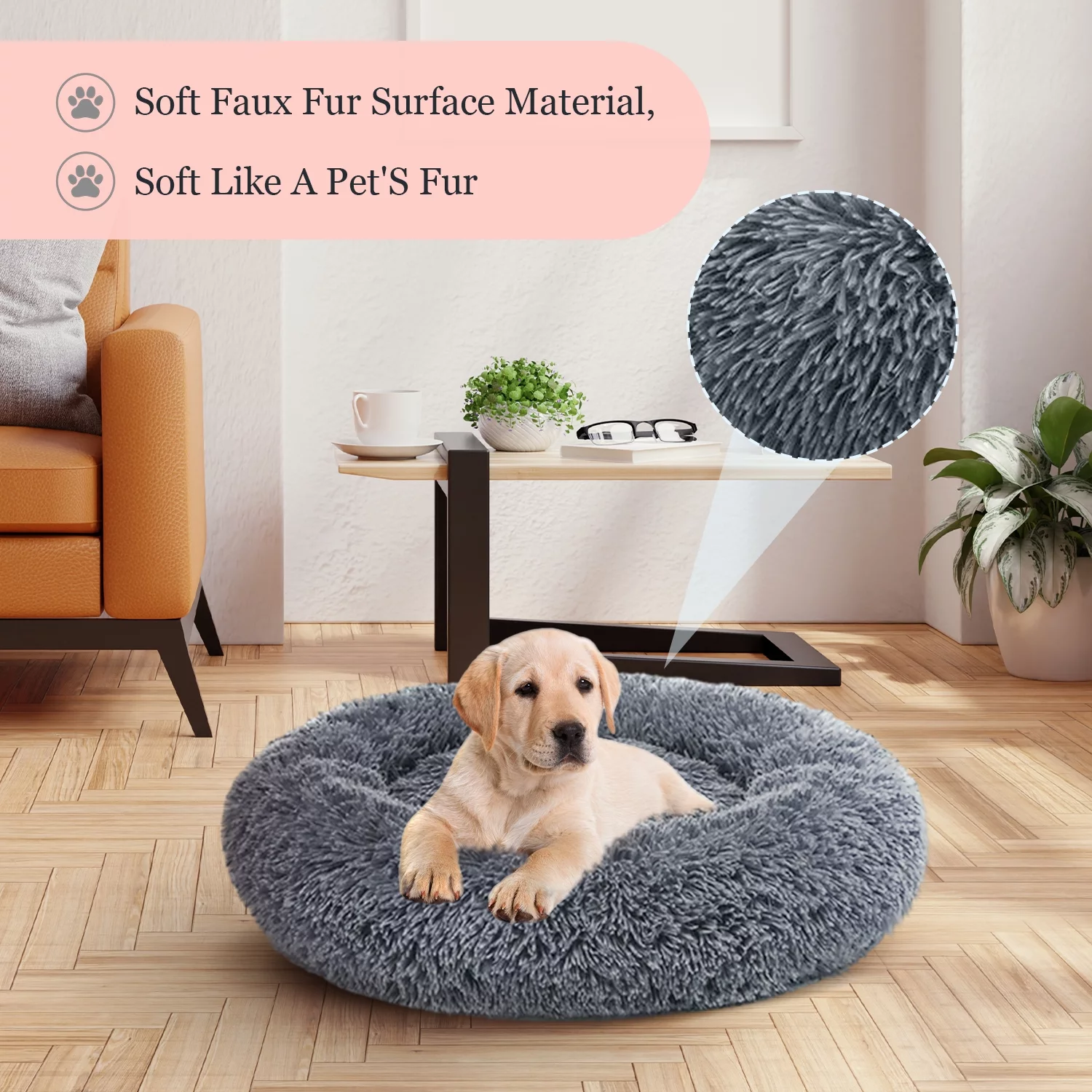 Calming Dog & Cat Bed, Anti-Anxiety Donut Cuddler Warming Cozy Soft Round Bed, Fluffy Faux Fur Plush Cushion Bed for Medium Small Dogs and Cats, 24″