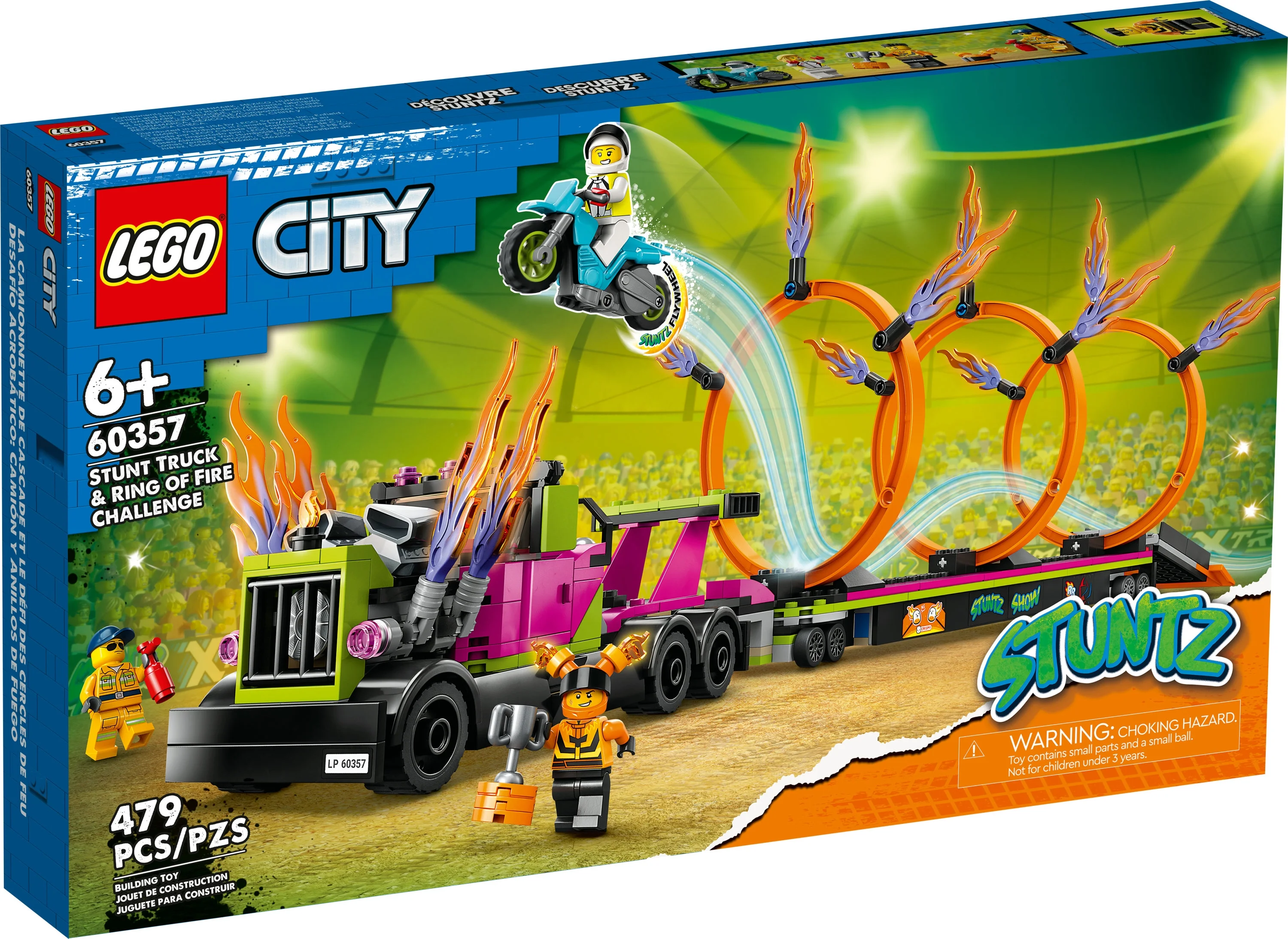 LEGO City Stuntz Stunt Truck & Ring of Fire Challenge 60357 with Flywheel-Powered Motorcycle Toy and Minifigures, Fun Gift for Kids ages 6 Plus