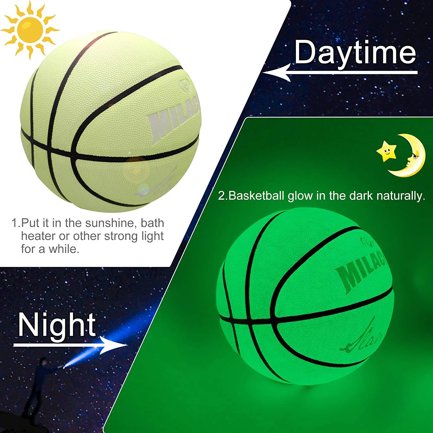 MILACHIC Basketball Glow in The Dark, Glowing Leather Basketball, Green Light up Basketball Gift for Boys, Girls, Men, Women Indoor-Outdoor Night Basketball (Size 5 / 6 / 7)