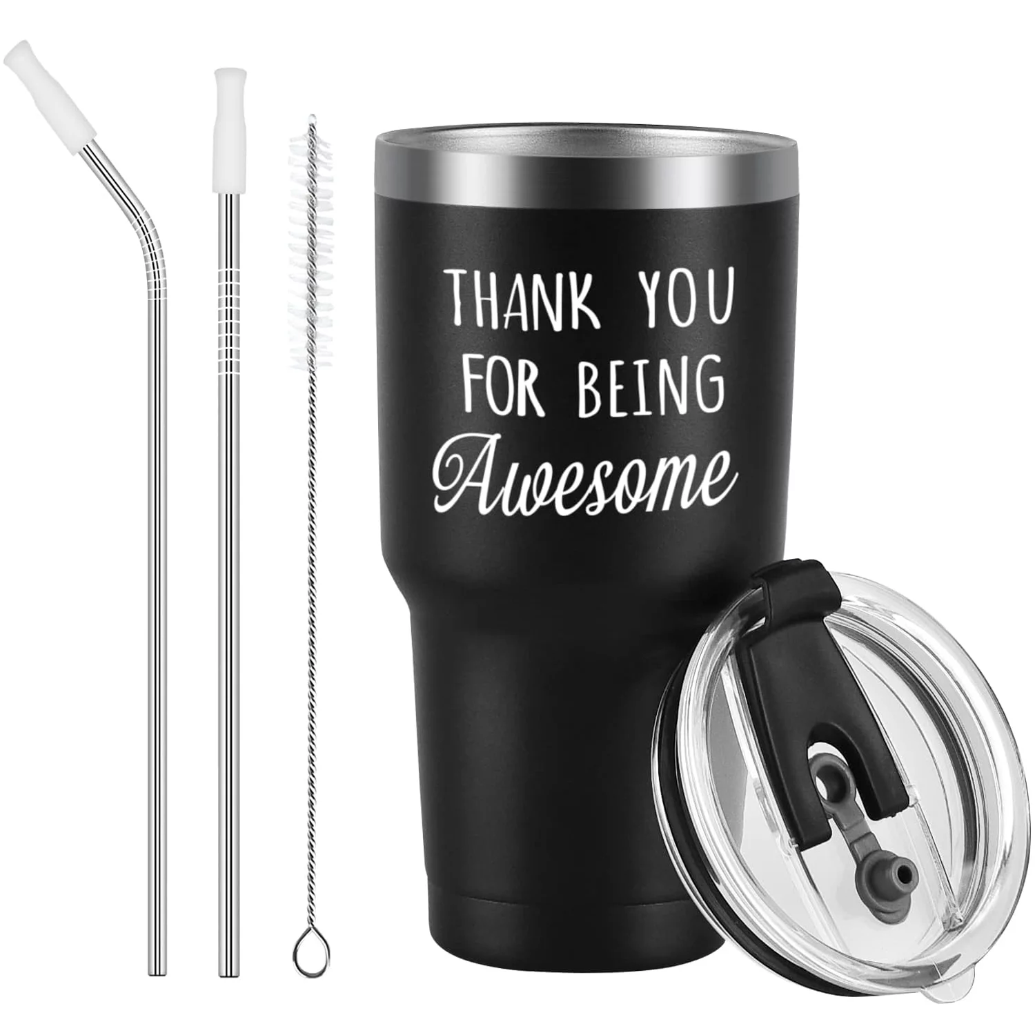 Modwnfy Thank You Gifts for Men, Thank You for Being Awesome Stainless Steel Insulated Tumblers Gifts, Black 30 fl oz Stainless Steel Tumblers with Lid and Straw Tea Cups