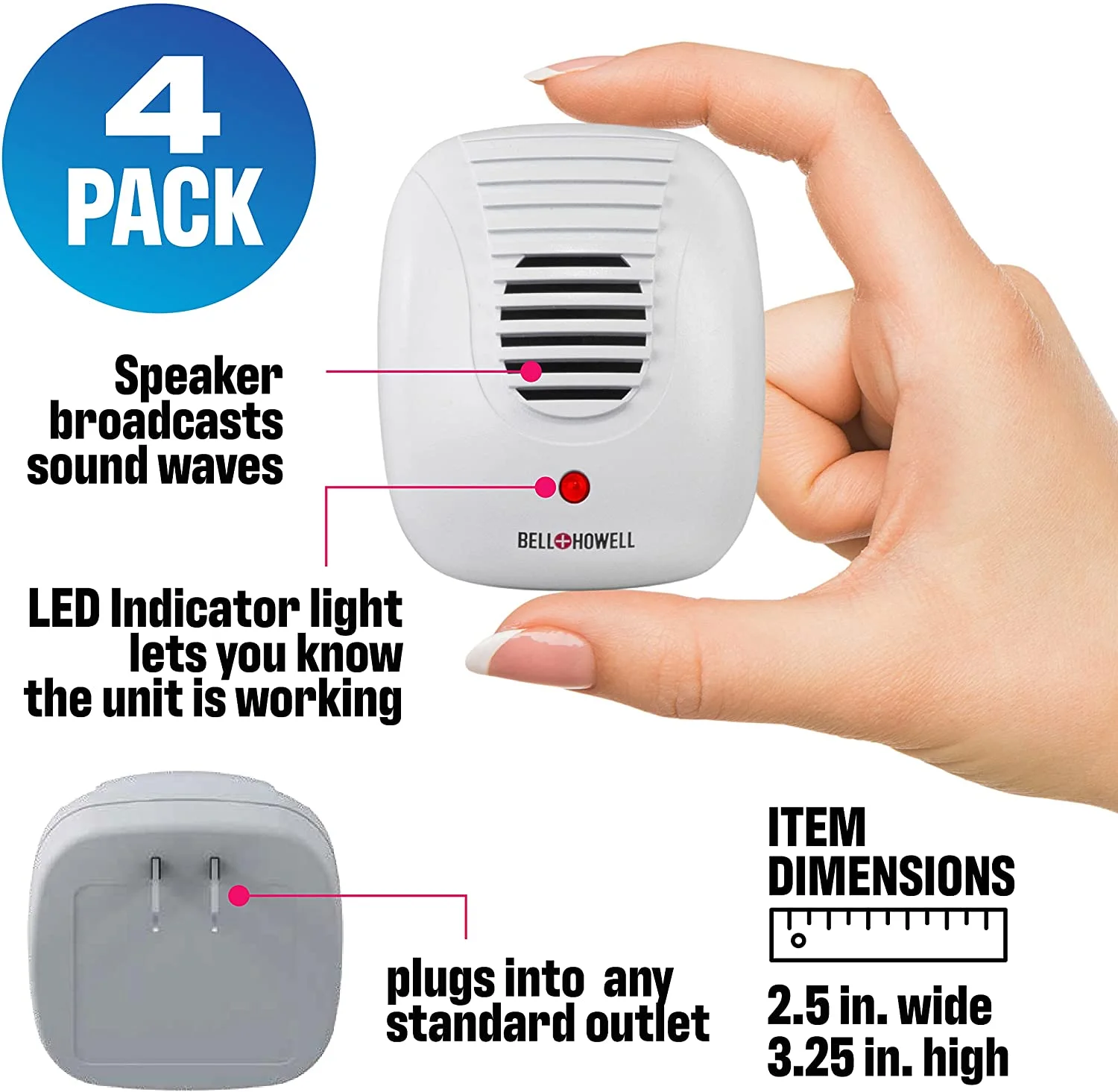 Bell+Howell Pest Repeller Ultrasonic Pest Repeller 4 Pcs Pest Repellent for Ants Rats Roaches Spiders and more