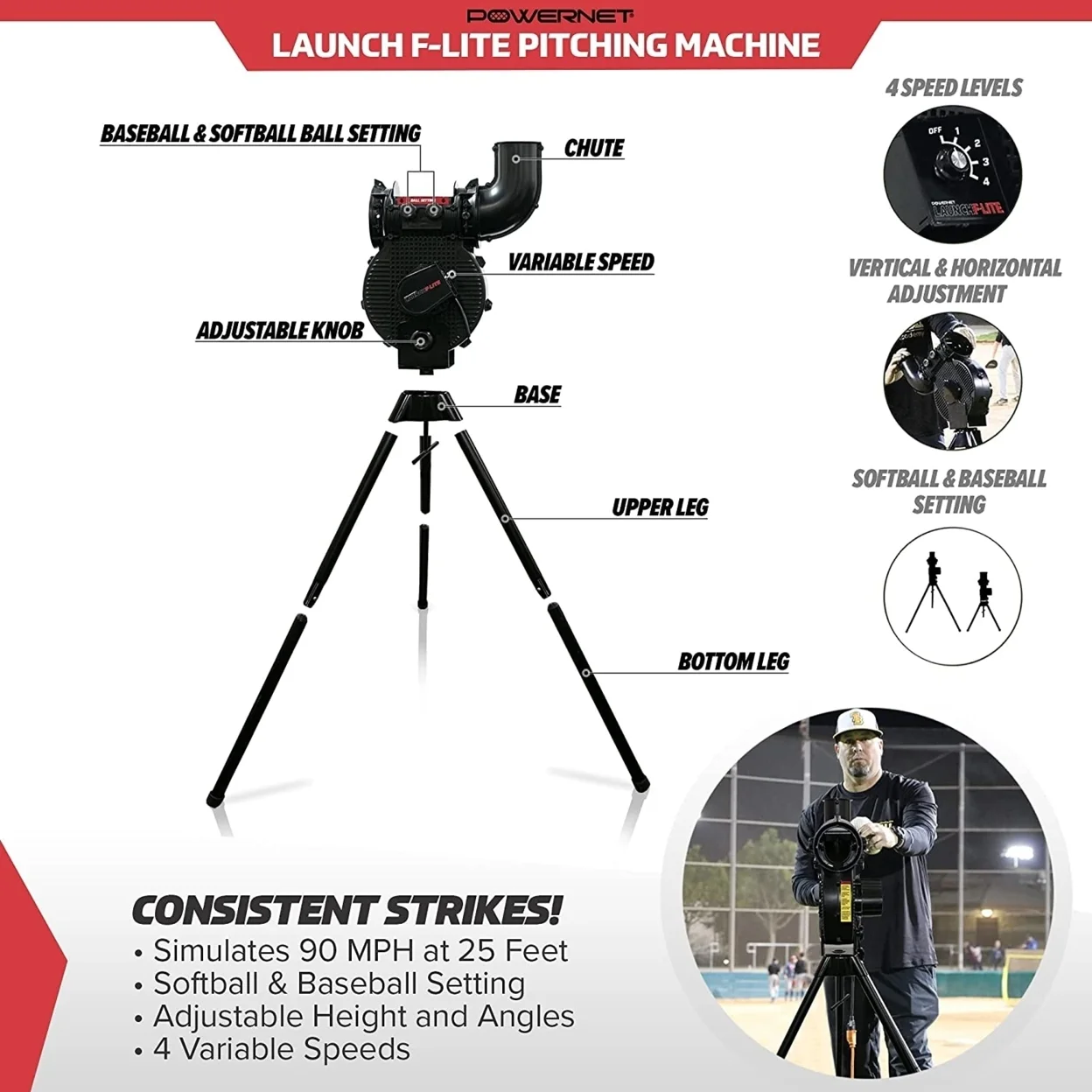 PowerNet Launch F-Lite Baseball and Softball Pitching Machine (1194)