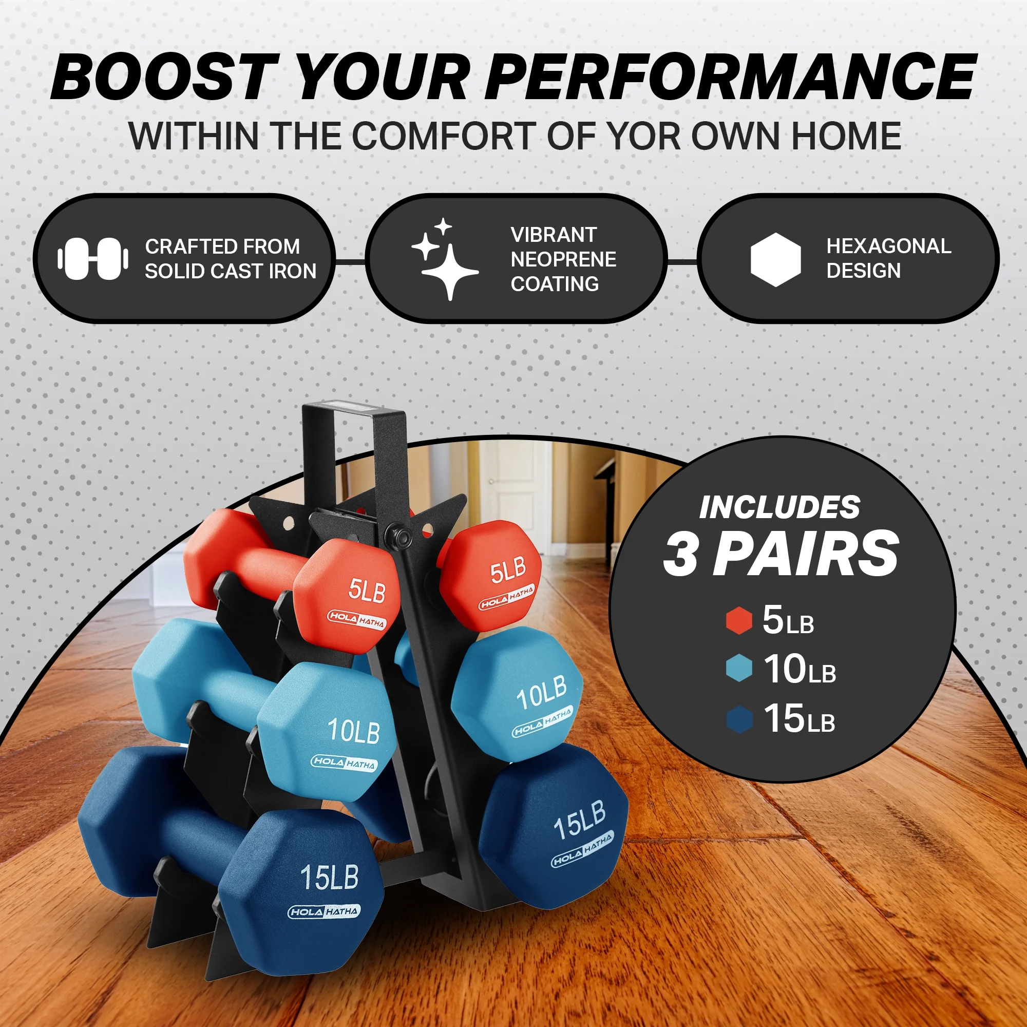 HolaHatha 5, 10 & 15 Pound Neoprene Dumbbell Weight Set with Storage Rack