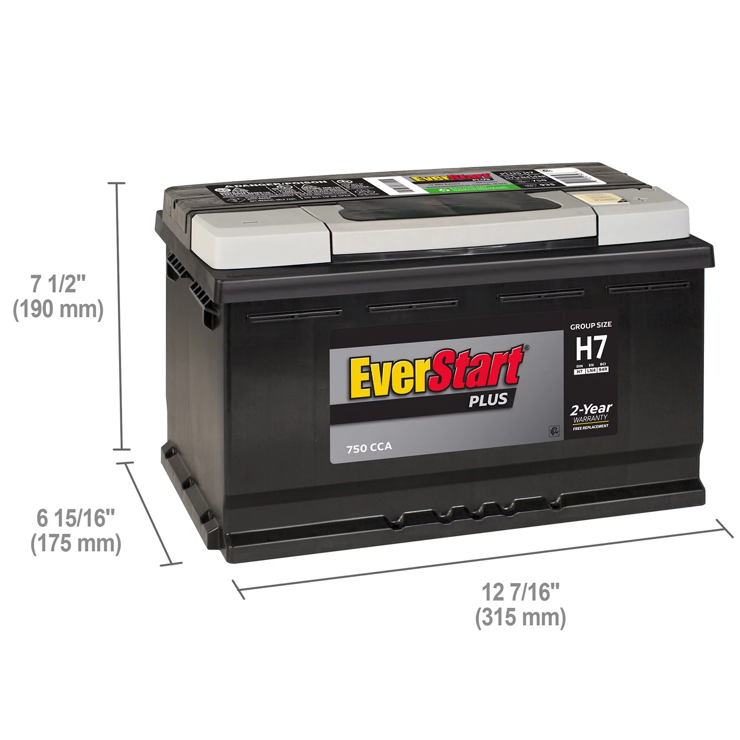 EverStart Plus Lead Acid Automotive Battery, Group Size H7 / LN4 / 94R 12 Volt, 750 CCA