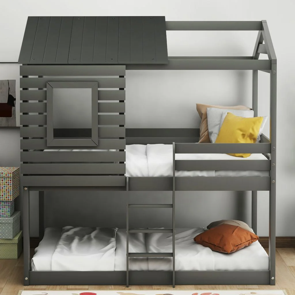 Twin Over Twin Bunk Bed Wood Loft Bed with Roof, Window, Guardrail, Ladder for Kids, Teens, Girls, BoysPlayhouse Design Floor Bed Reliable Safety Design Gray