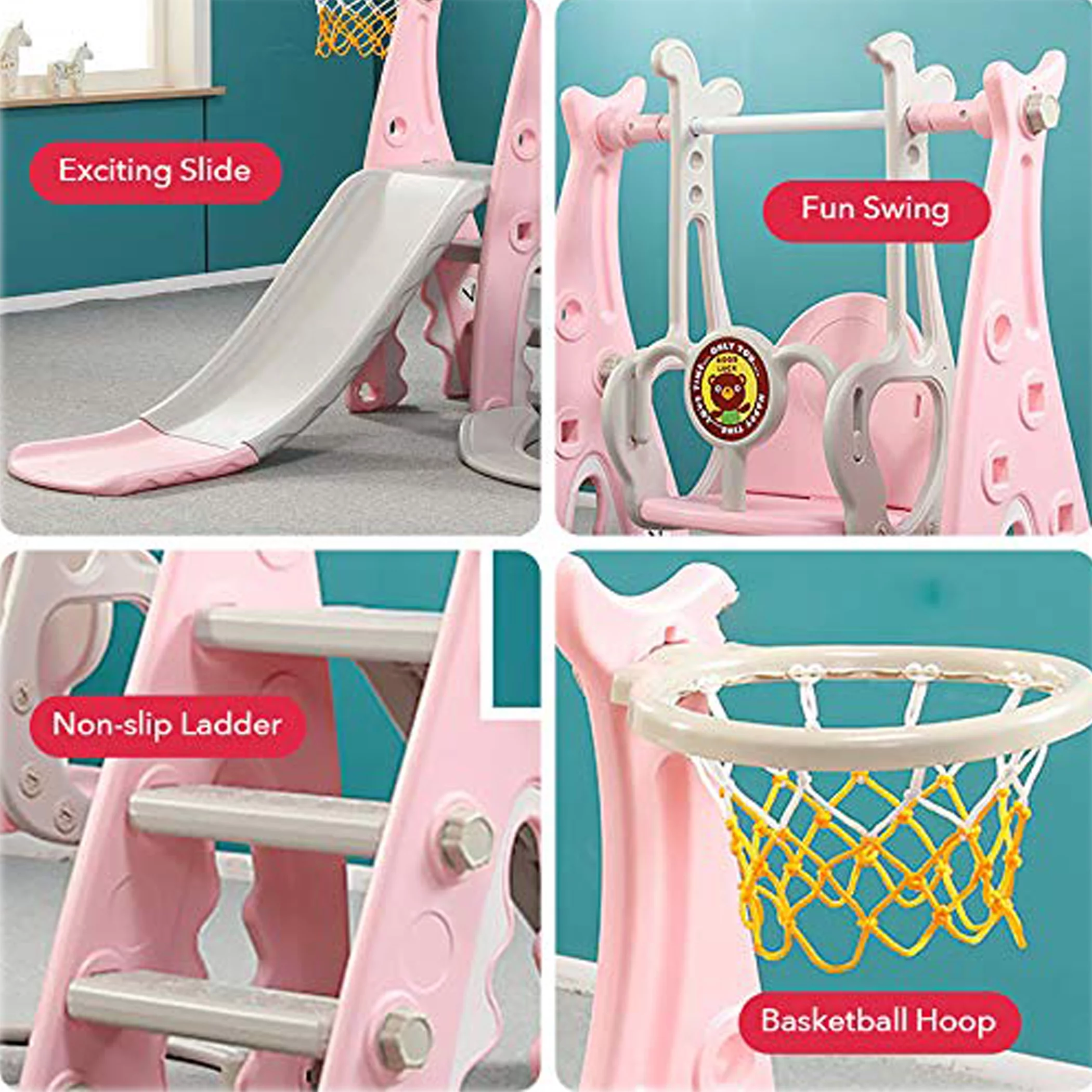 Ealing Slide and Swing Set for Toddler Age 1- 3 Years,4-in-1 Toddles Extra-Large Playset Playground Indoor and Outdoor Swing Slide Climber Playset w/Basketball Hoop,Pink