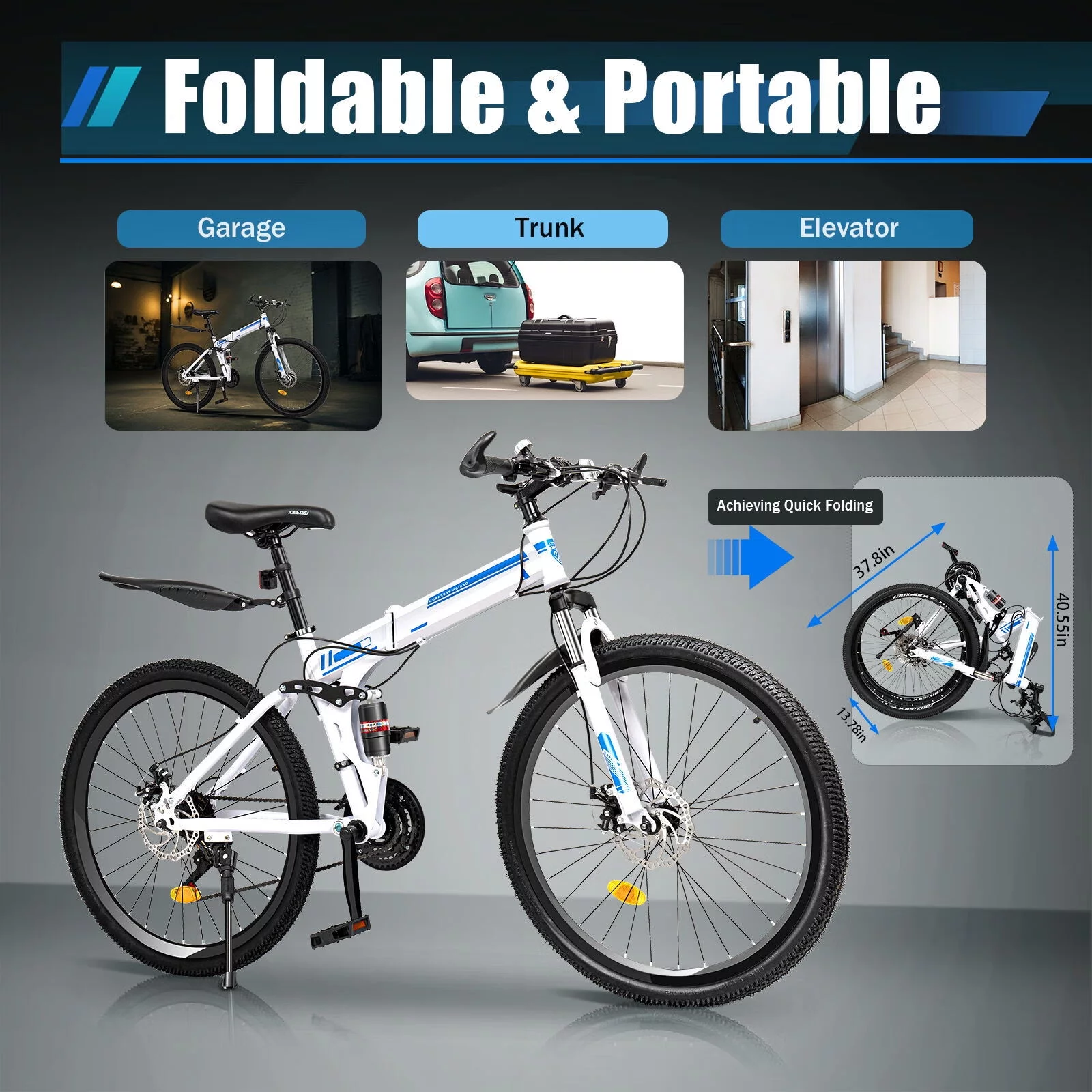 YIYIBYUS 26″ Mountain Folding Bike Adult Bicycle with 21-speed Gears for Traveling Outdoor Riding Blue & White