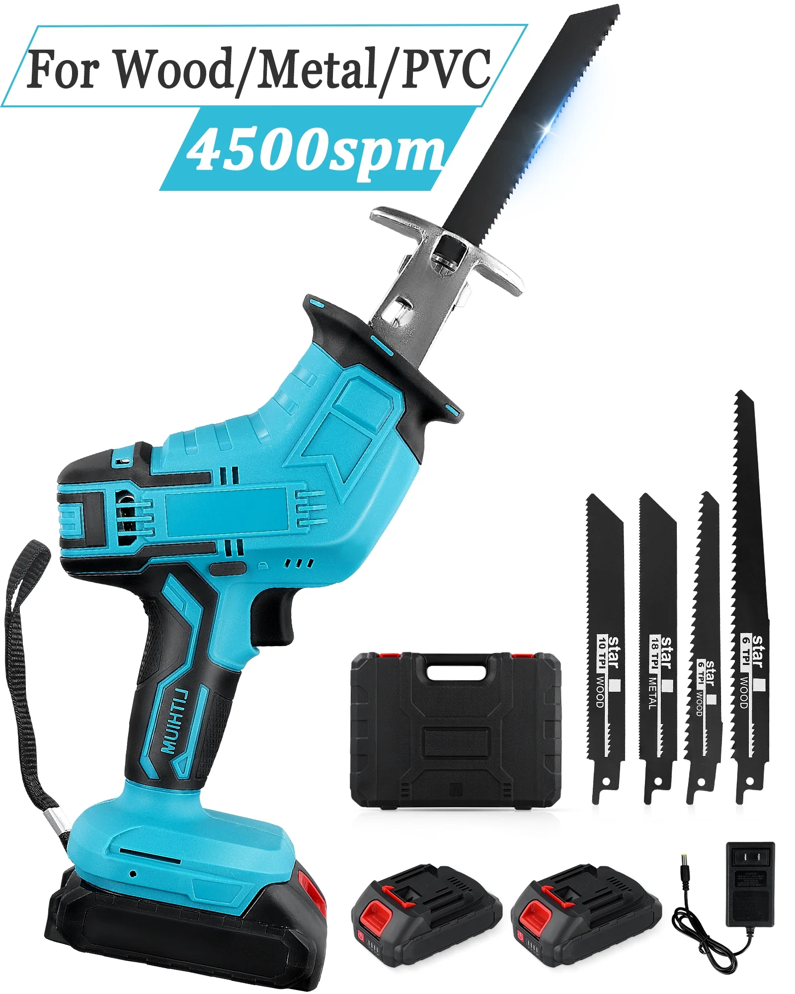 HUKOER Cordless Saw Reciprocate Saw 21V Metal PVC Wood Cutting Tools with 2 Battery 4 Saw Blades,Blue