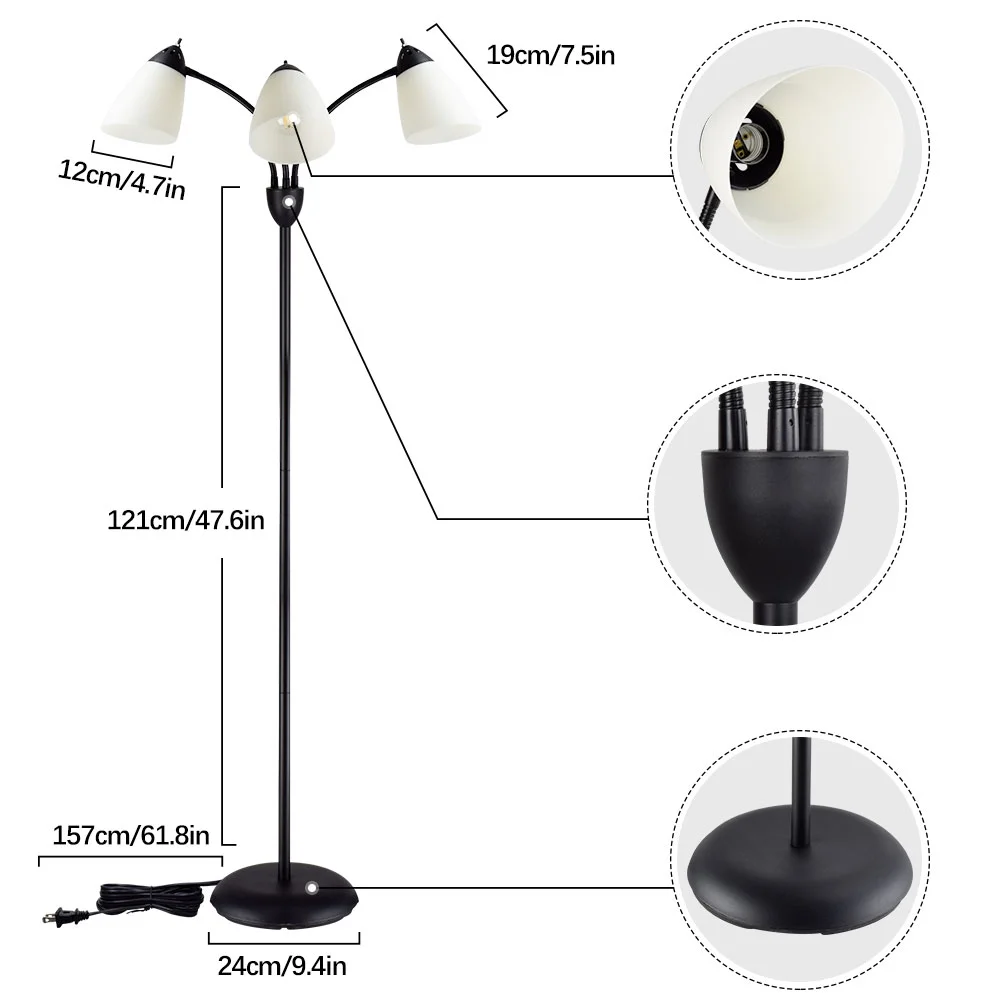 DingLiLighting Tree Floor Lamp with 3 Adjustable Rotating Lights and Matching LED Bulbs, Standing Tall Pole Lamps for Living Room, Bedroom, Home, Office, Black