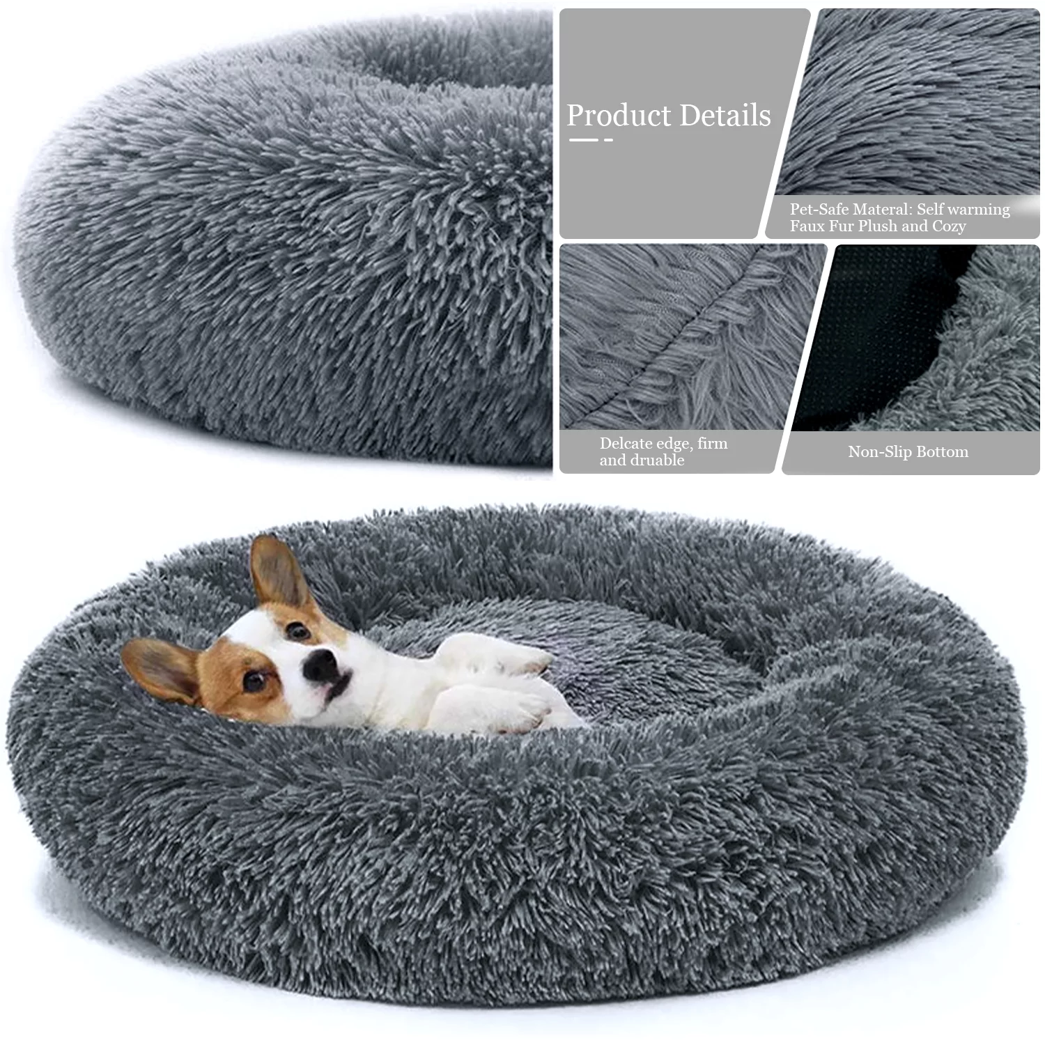 Calming Dog & Cat Bed, Anti-Anxiety Donut Cuddler Warming Cozy Soft Round Bed, Fluffy Faux Fur Plush Cushion Bed for Medium Small Dogs and Cats, 24″