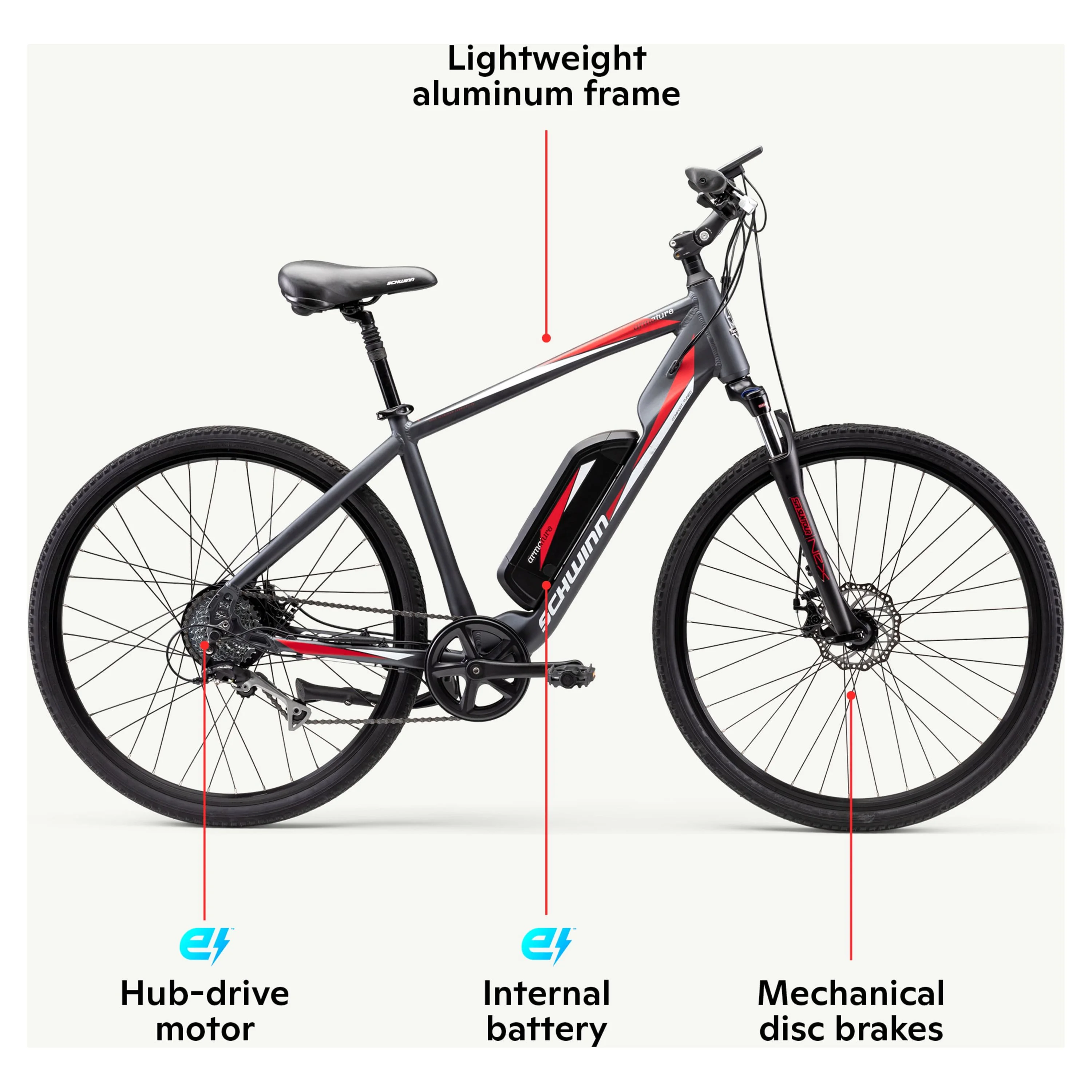 Schwinn 700c Armature Unisex Electric Bike, Black and Red Ebike for Adults, Large Frame