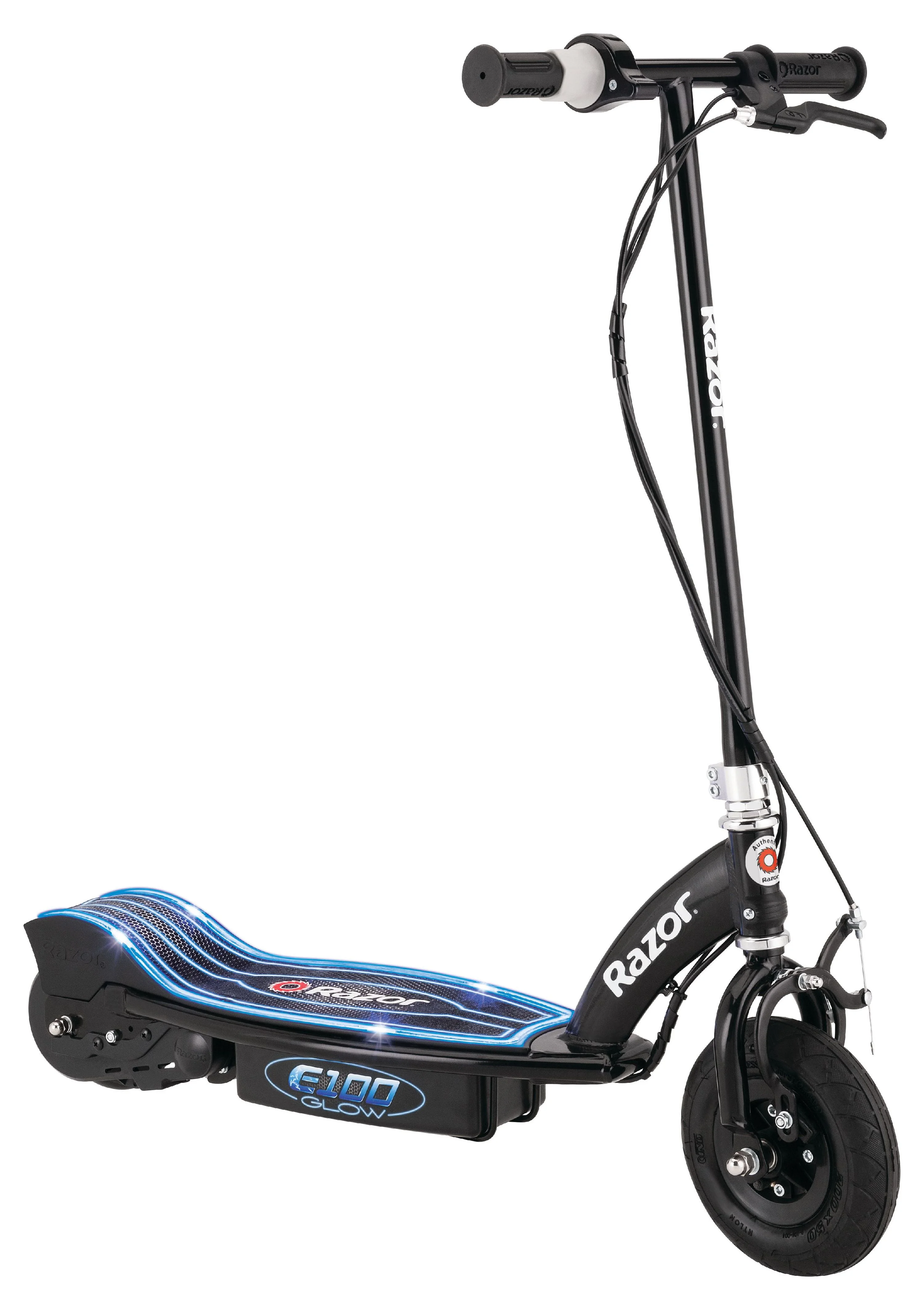 Razor E100 Glow Electric Scooter for Kids Ages 8+ and up to 120 lbs, 8″ Pneumatic Front Tire, LED Light-Up Deck, 100W Chain Motor, Up to 10 mph & up to 40 mins Ride Time, 24V Sealed Lead-Acid Battery