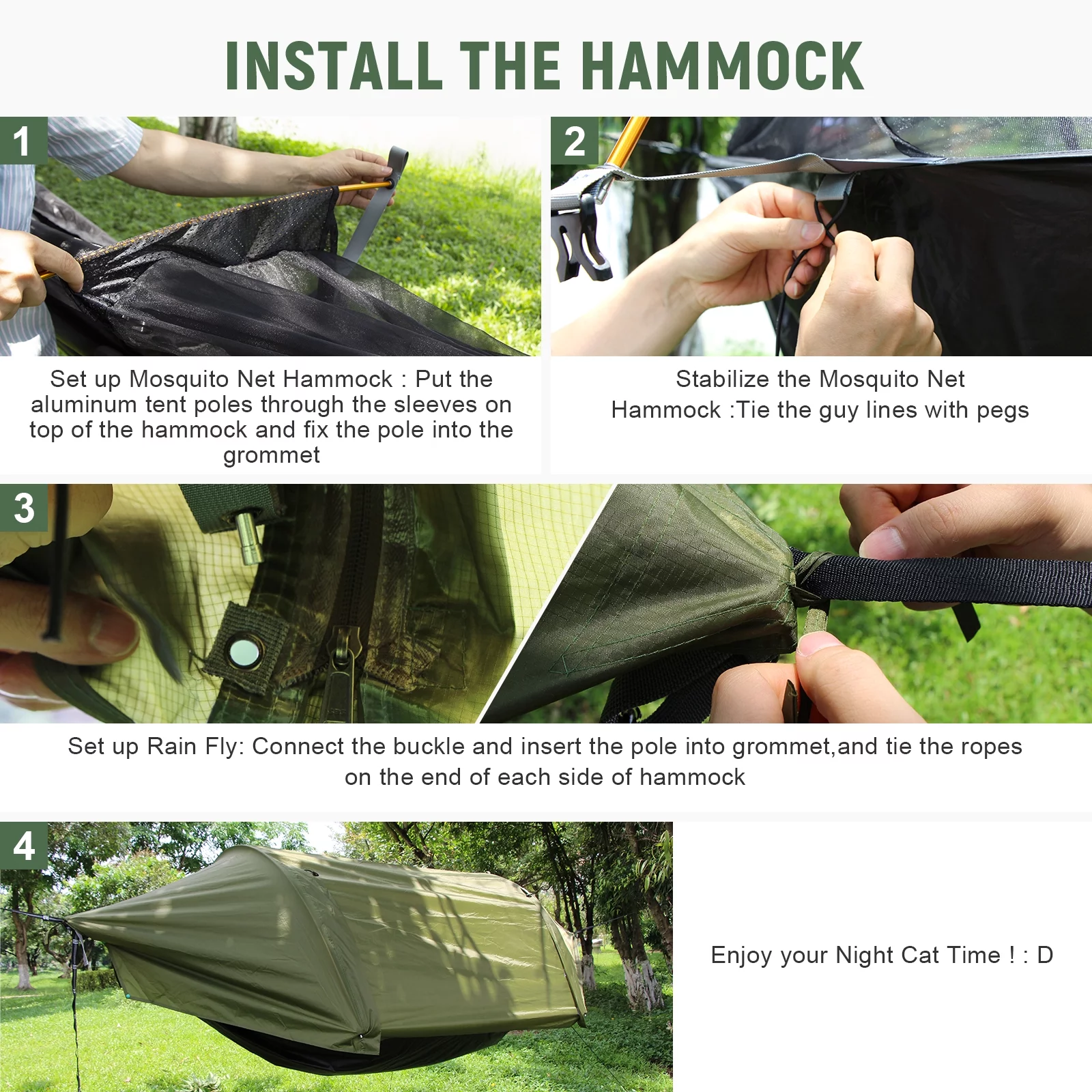 Night Cat Camping Hammock Tent with Mosquito Net and Rain Fly for 1 2 Persons Backpacking Bed with Tree Strap Lightweight Waterproof 440lbs 9×4.5ft Army Green